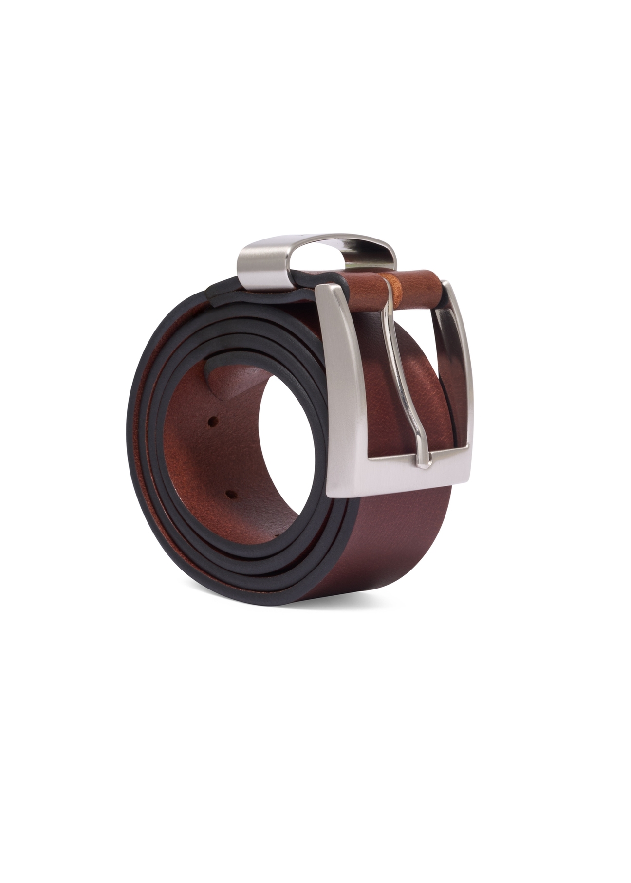 Men's smooth brown leather belt PASMS-0163A-1H(Z26), angled product view on a white background.