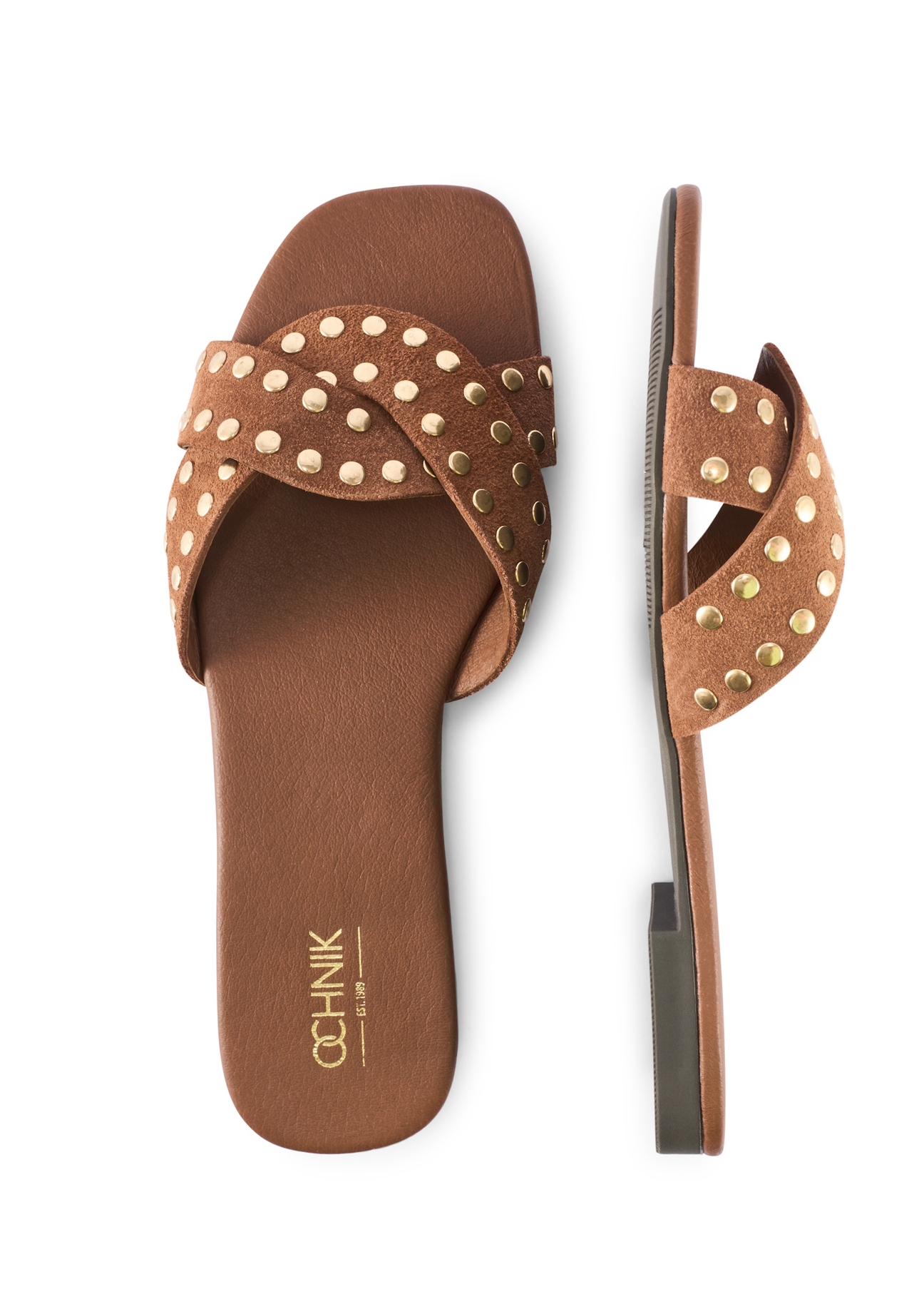 Camel leather women's mules with rhinestones BUTYD-1226-1D(W26), product view from above on a white background.