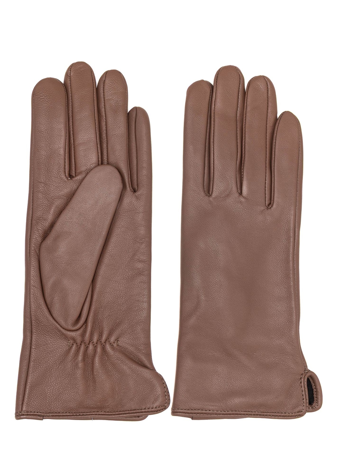 Women's camel leather gloves REKDS-0001A-1D(Z26), product view from the front and back on a white background.