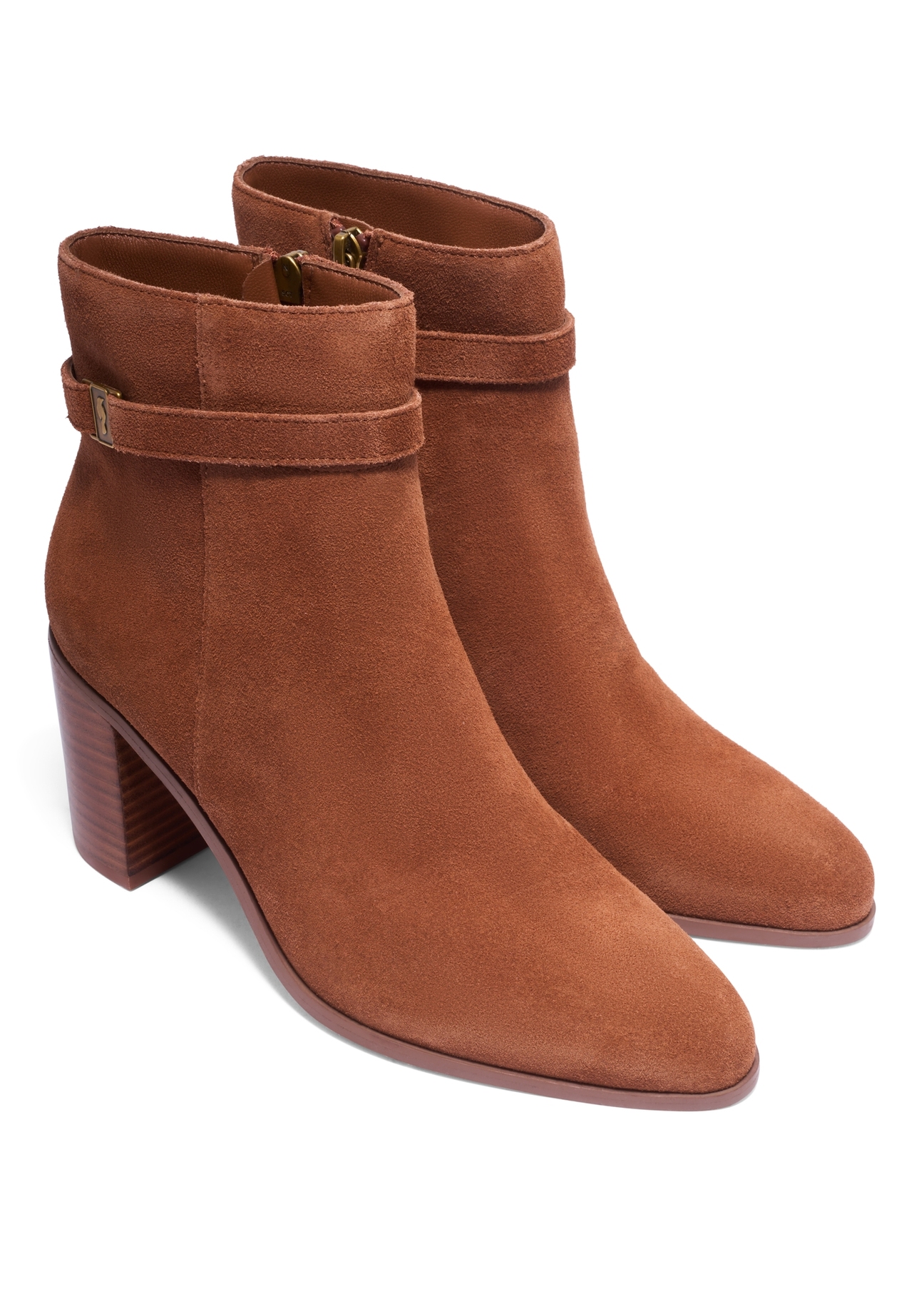 Cognac suede women's ankle boots with logo BUTYD-1214-1F(Z26), diagonal product view on white background.