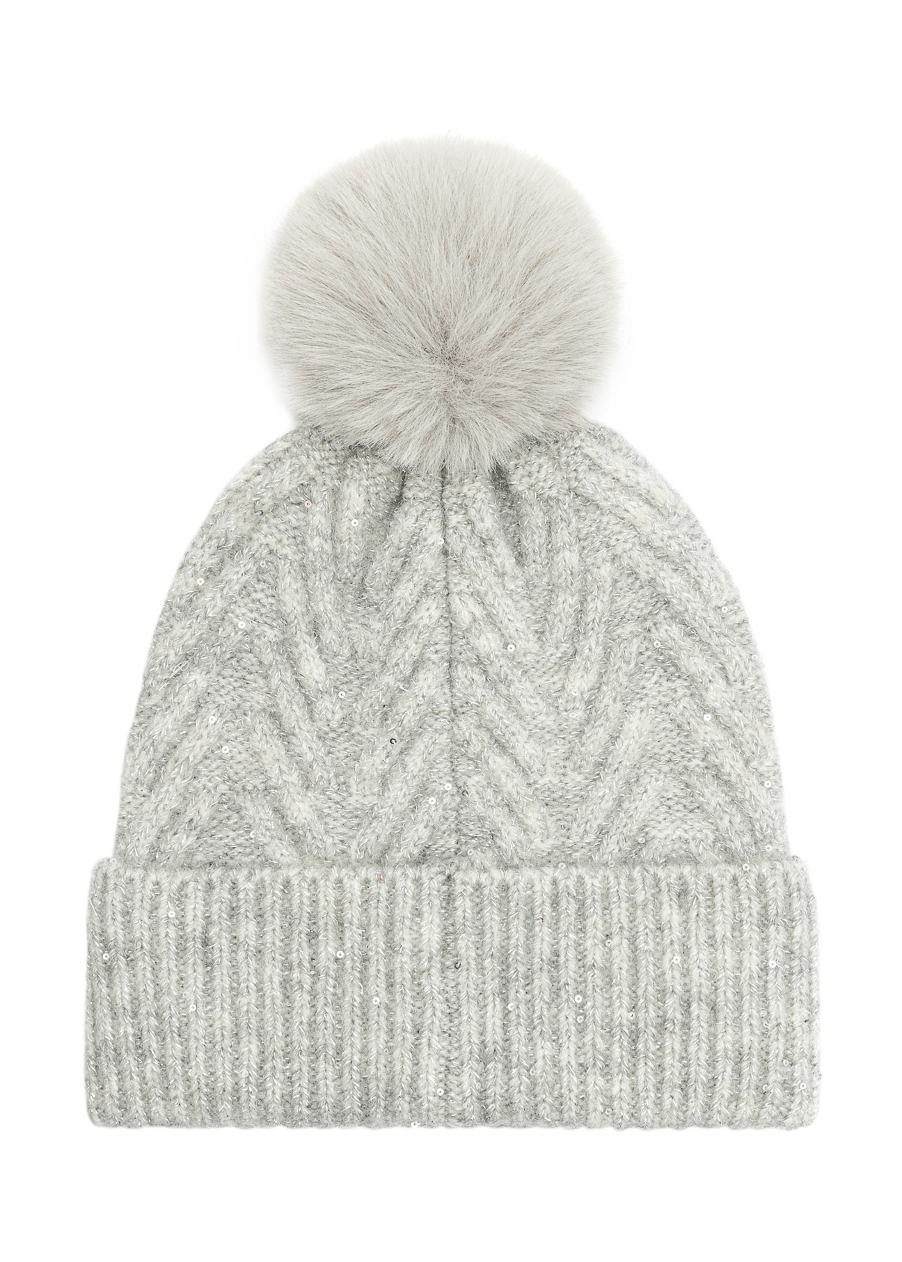 Gray women's hat with sequins and pompom CZADT-0175-66(Z25), back view of the product on a white background.