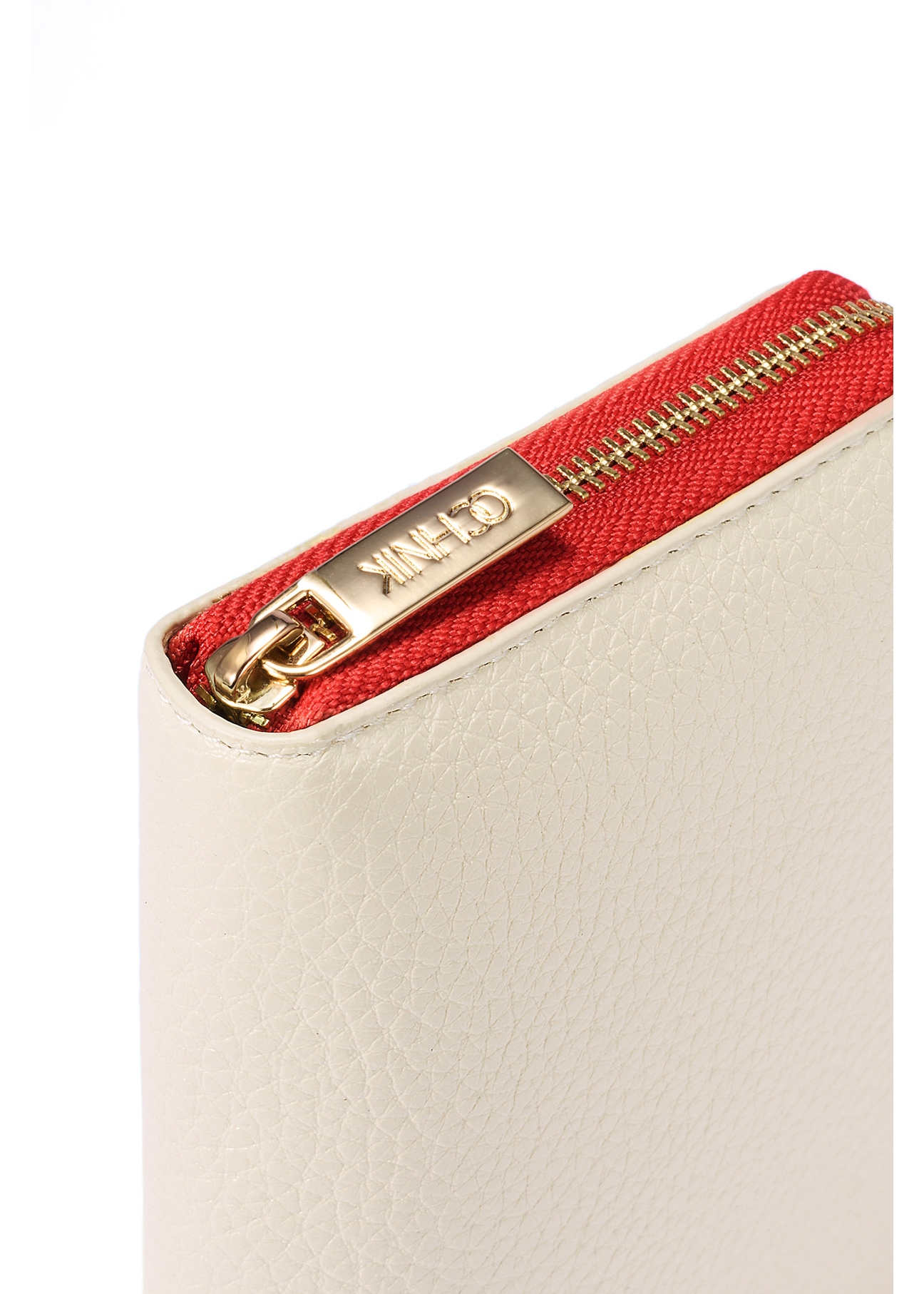 Cream women's wallet made of genuine leather PORES-0944F-16(W25), close-up of detail on white background.