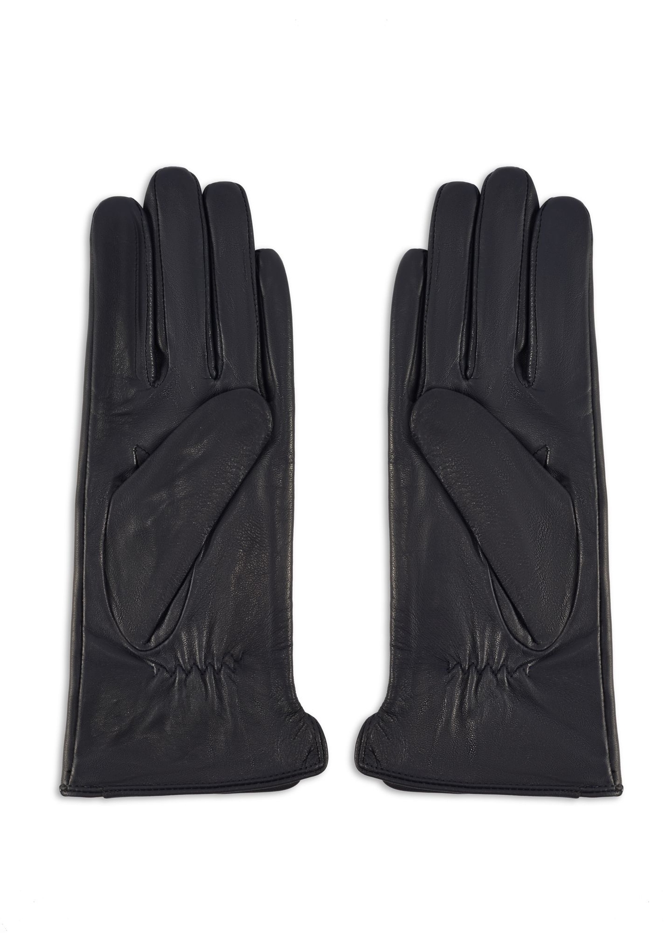 Navy blue women's leather gloves REKDS-0001A-7D(Z26), product view from the back on a white background.