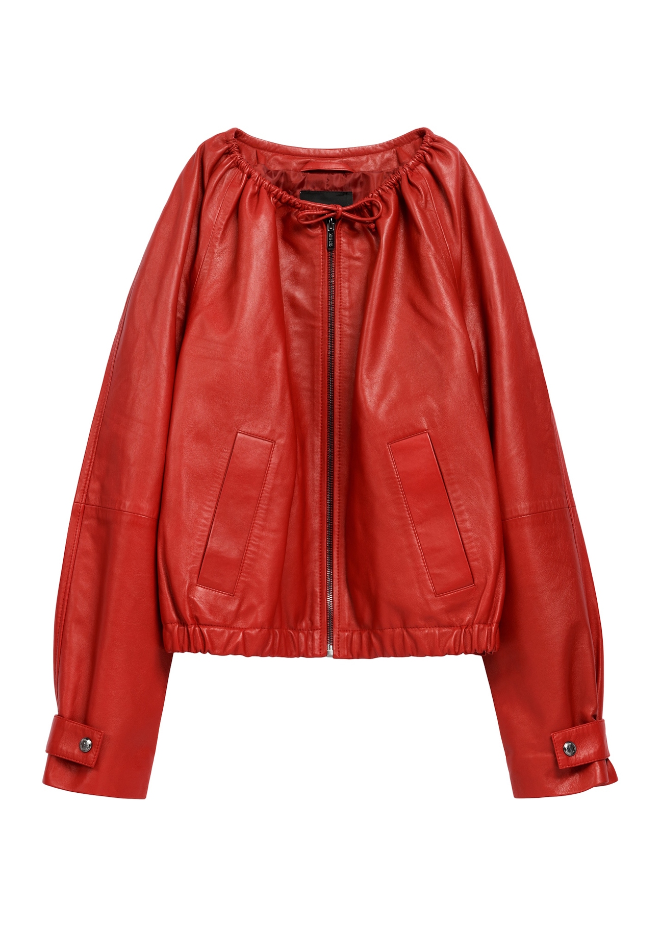 Women's red leather jacket KURDS-0588-4B(W26), front product view on white background.