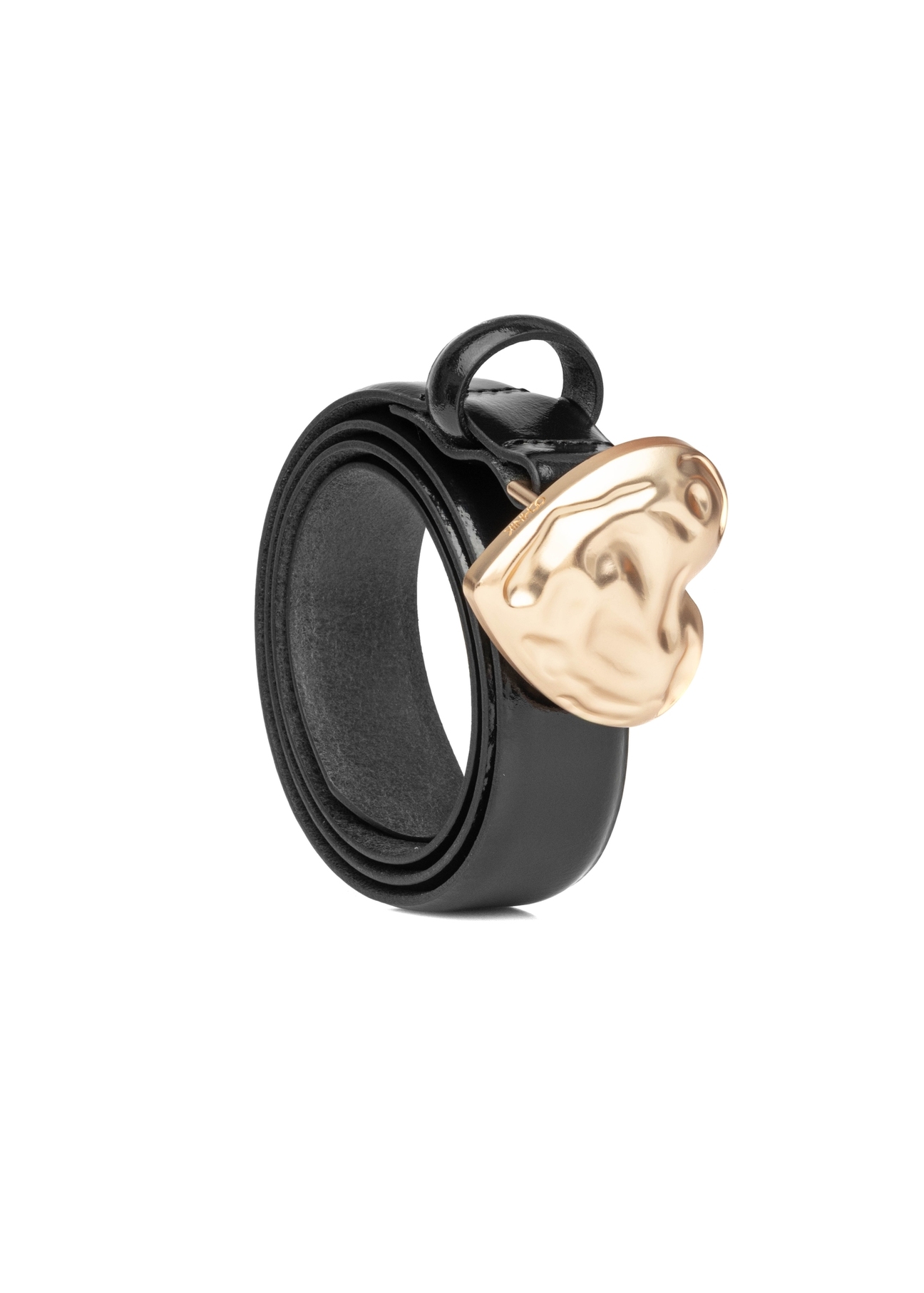 Leather belt with heart-shaped buckle PASDS-0337-99(W26), diagonal product view on white background.