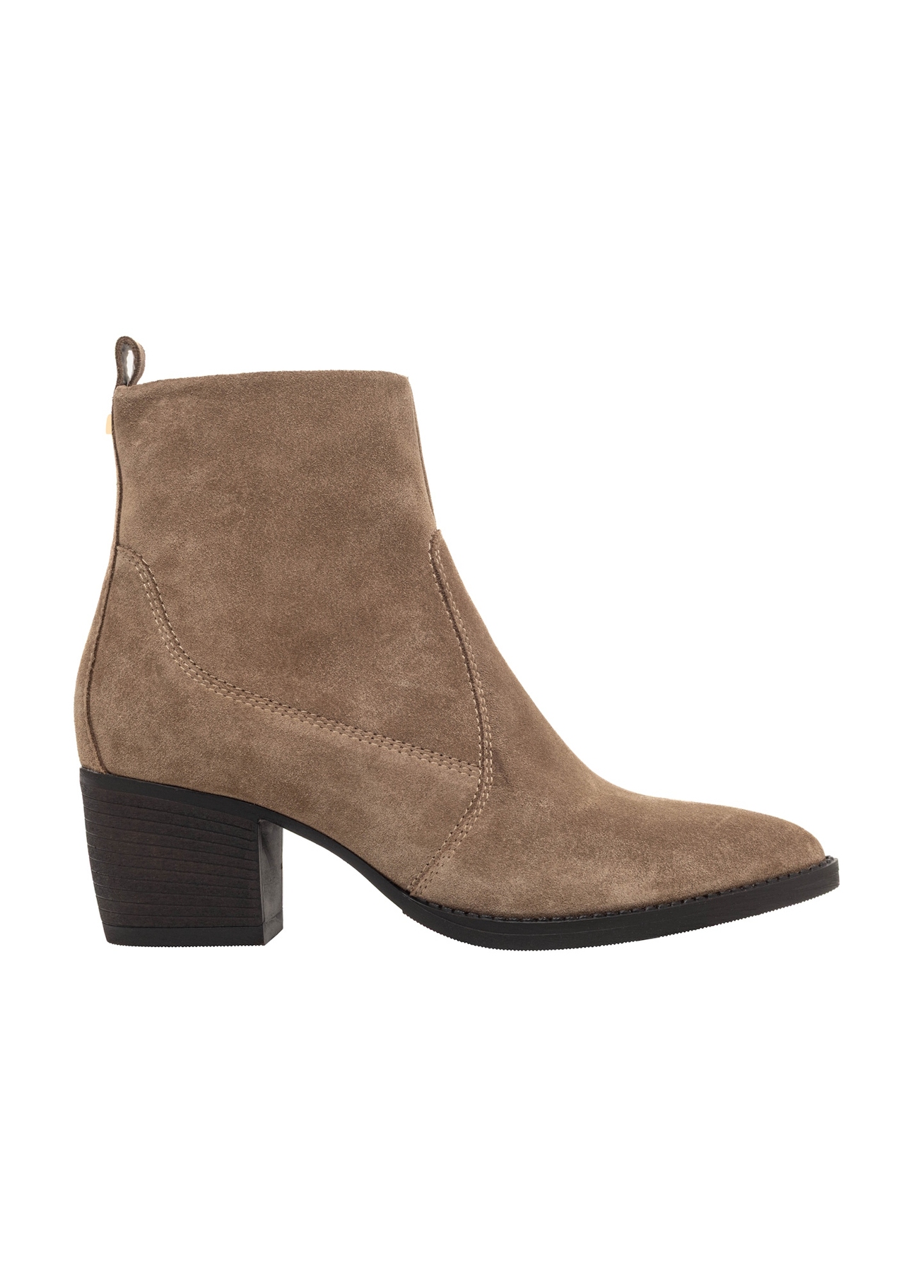 Women's suede ankle boots in cool beige color BUTYD-1005A-1K(Z26), side view of the product on a white background.