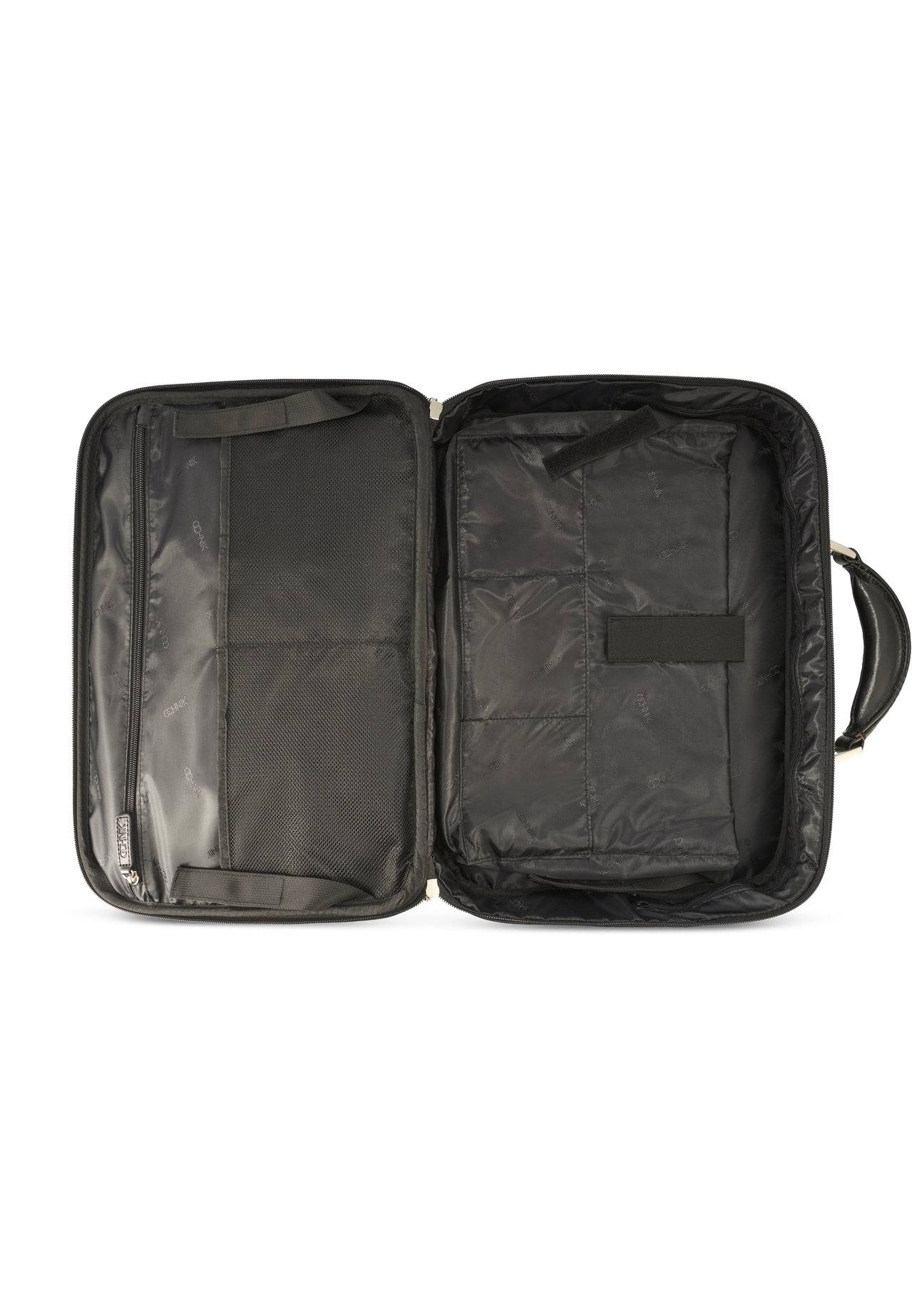 Black leather men's laptop bag TORMS-0482-99(Z25), product view from the inside on a white background.