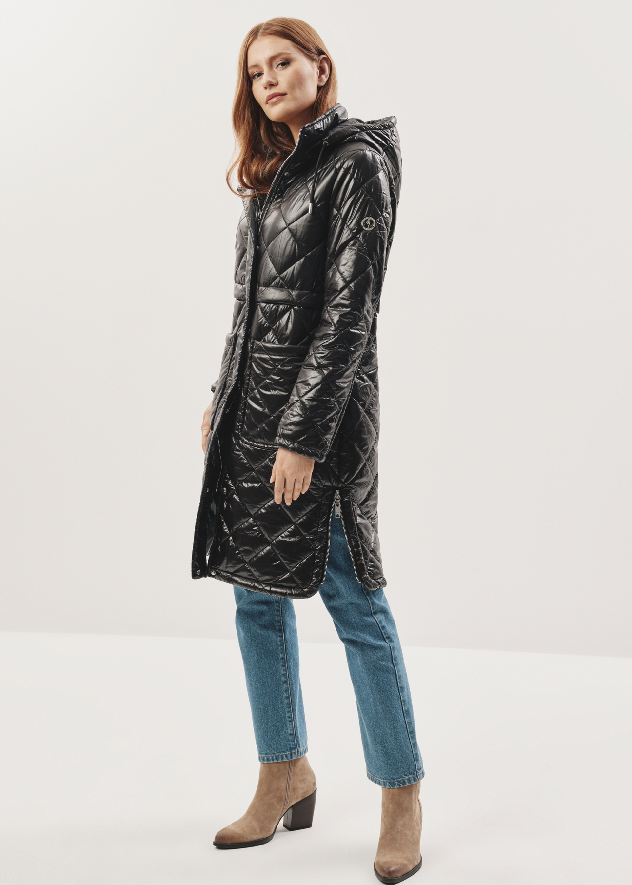 Women's long black jacket KURDT-0476-99(Z23)-01