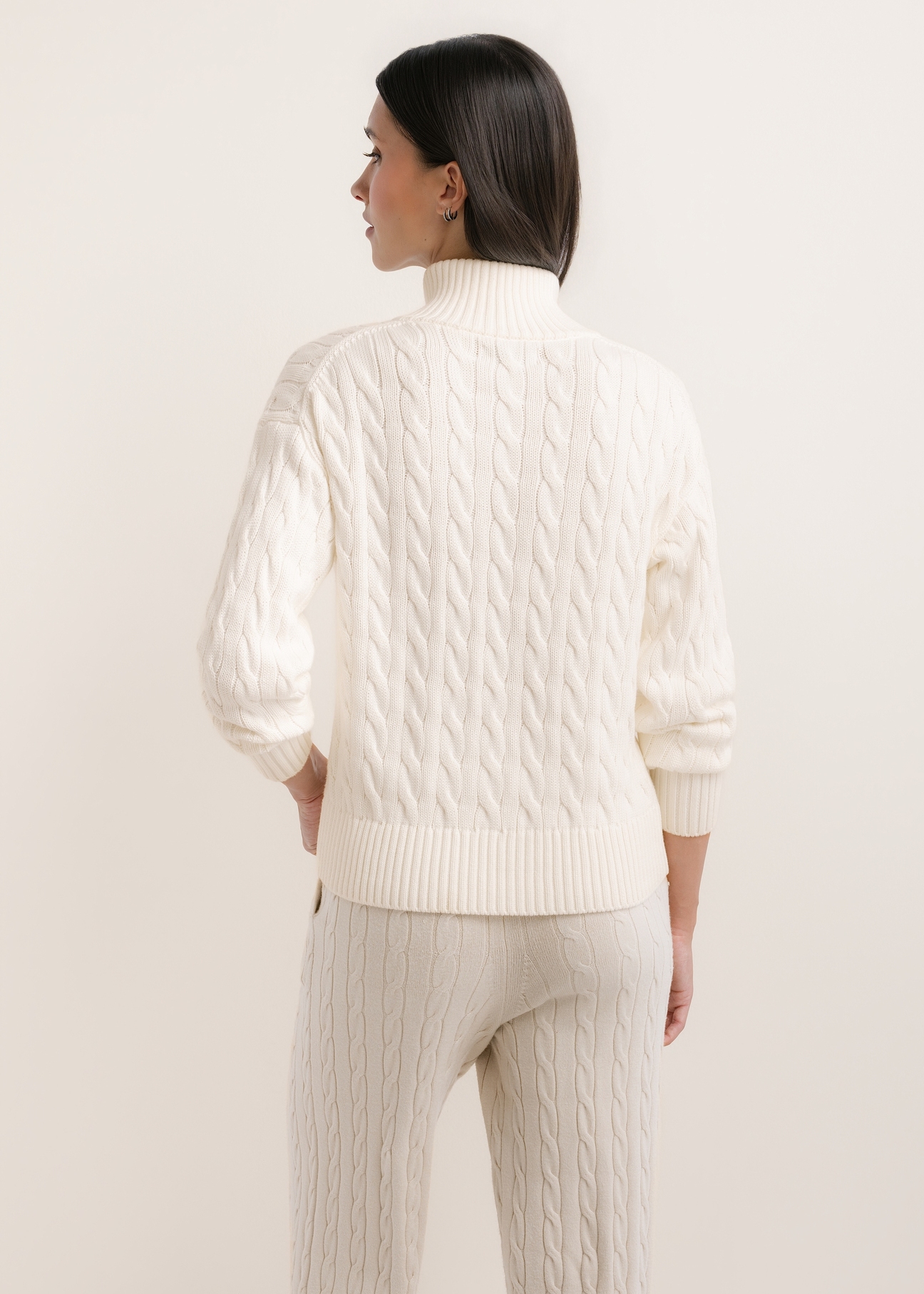 Cream cotton women's sweater SWEDT-0285-0B(Z26), back view on a model. Half-body shot.