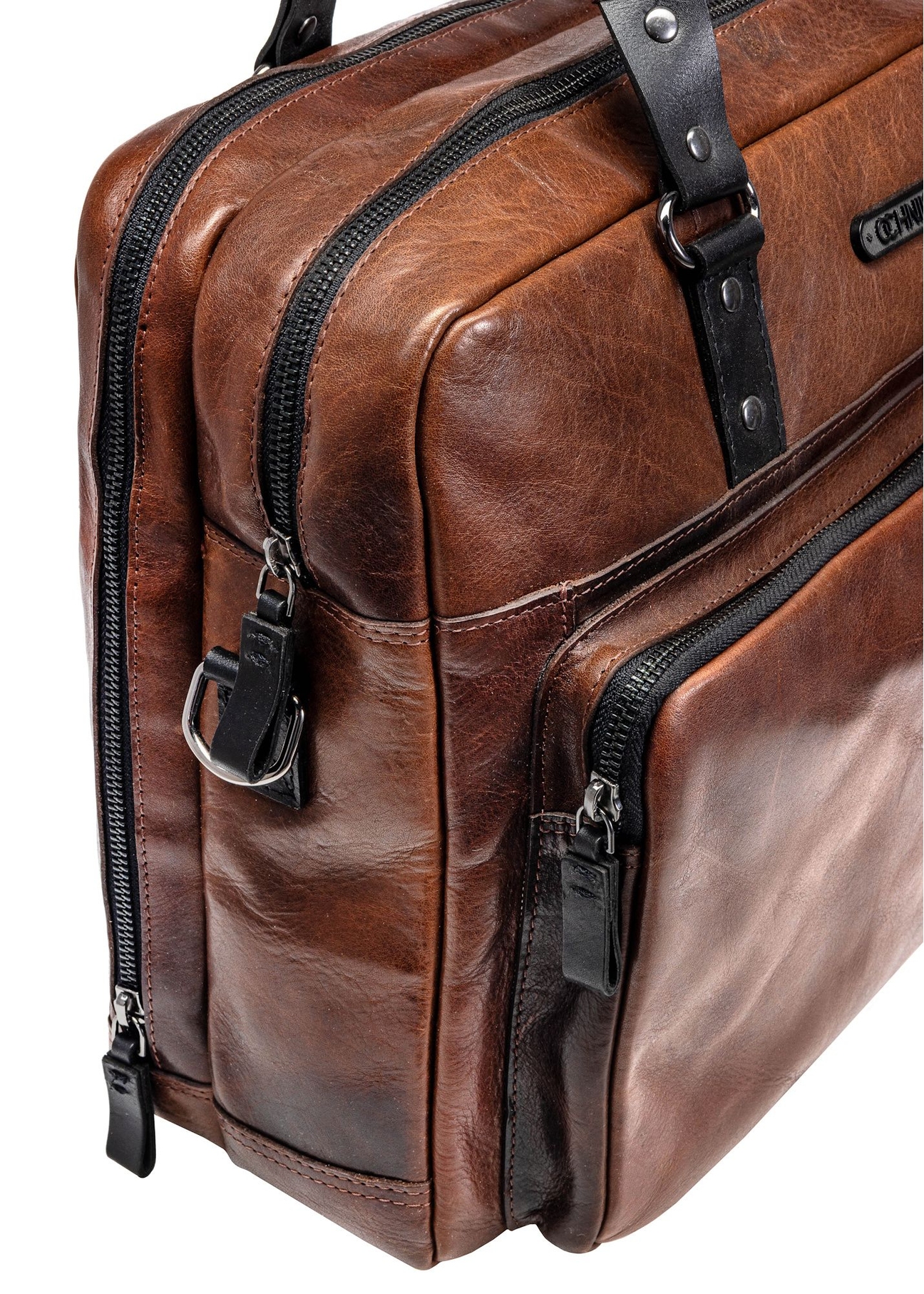 Brown leather men's bag TORMS-0100-1H(W26), close-up of product detail on white background.