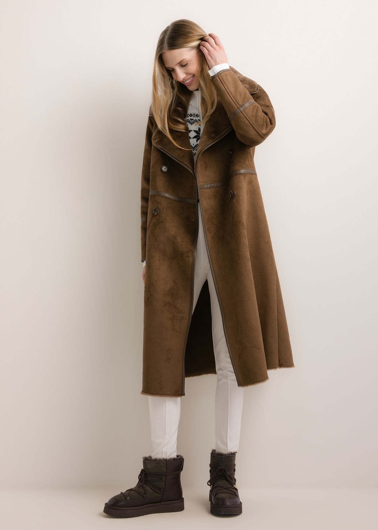 Long brown women's shearling coat KOZDP-0019-1H(Z26), front view on a model. Full-body shot.