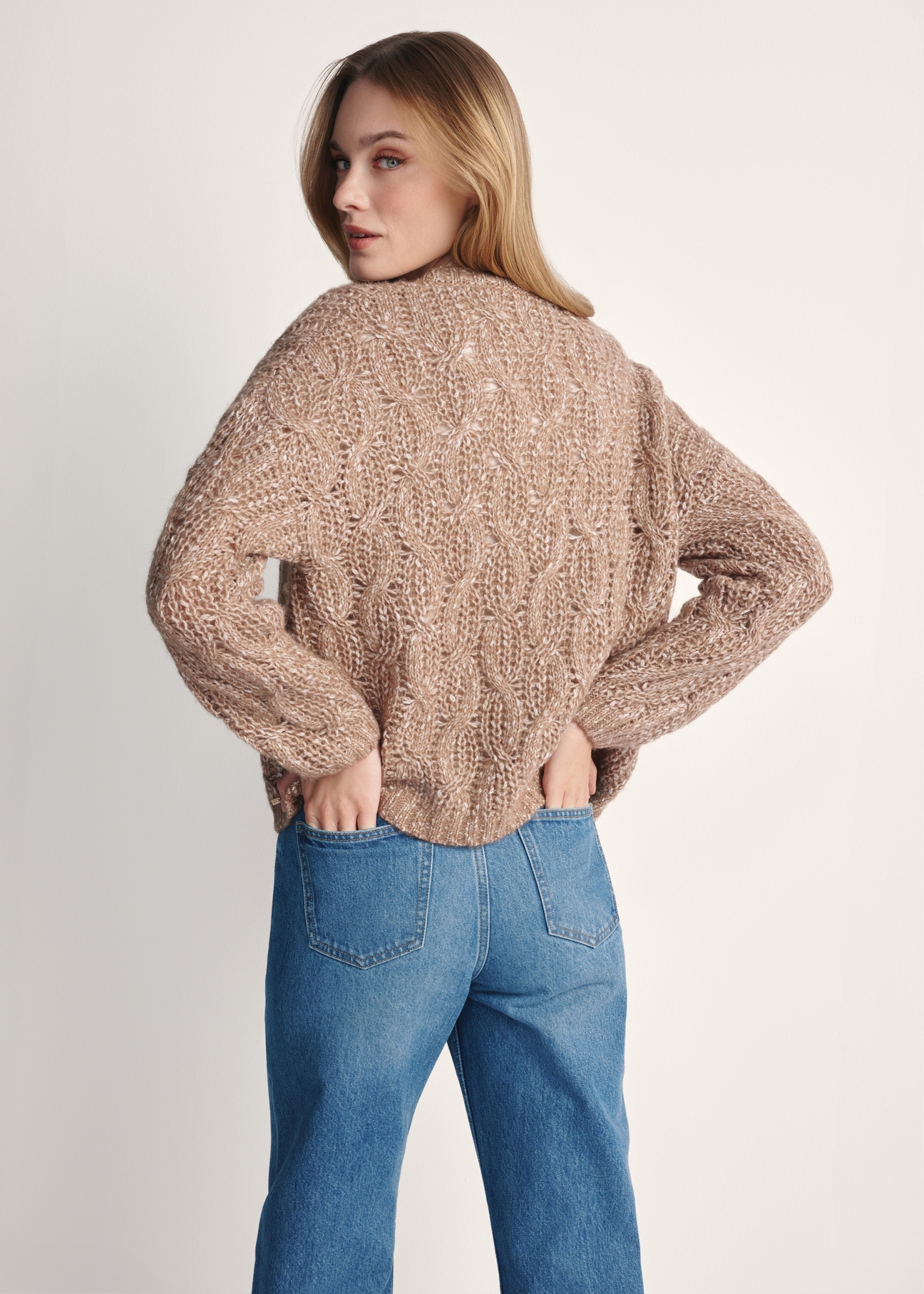 Women's camel cardigan KARDT-0054-24(Z25) - product view from the back on a white background. Half of the silhouette visible.