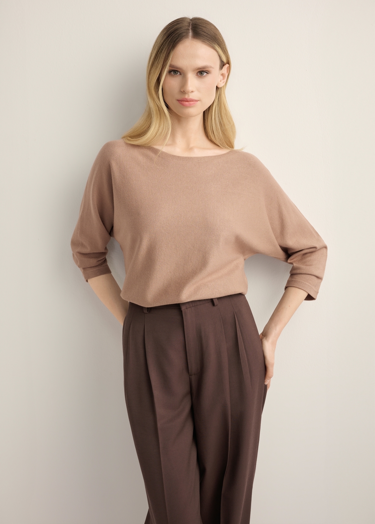 Women's camel blouse BLUDT-0178-1D(Z26), front view of the product on the model. Half of the silhouette visible.