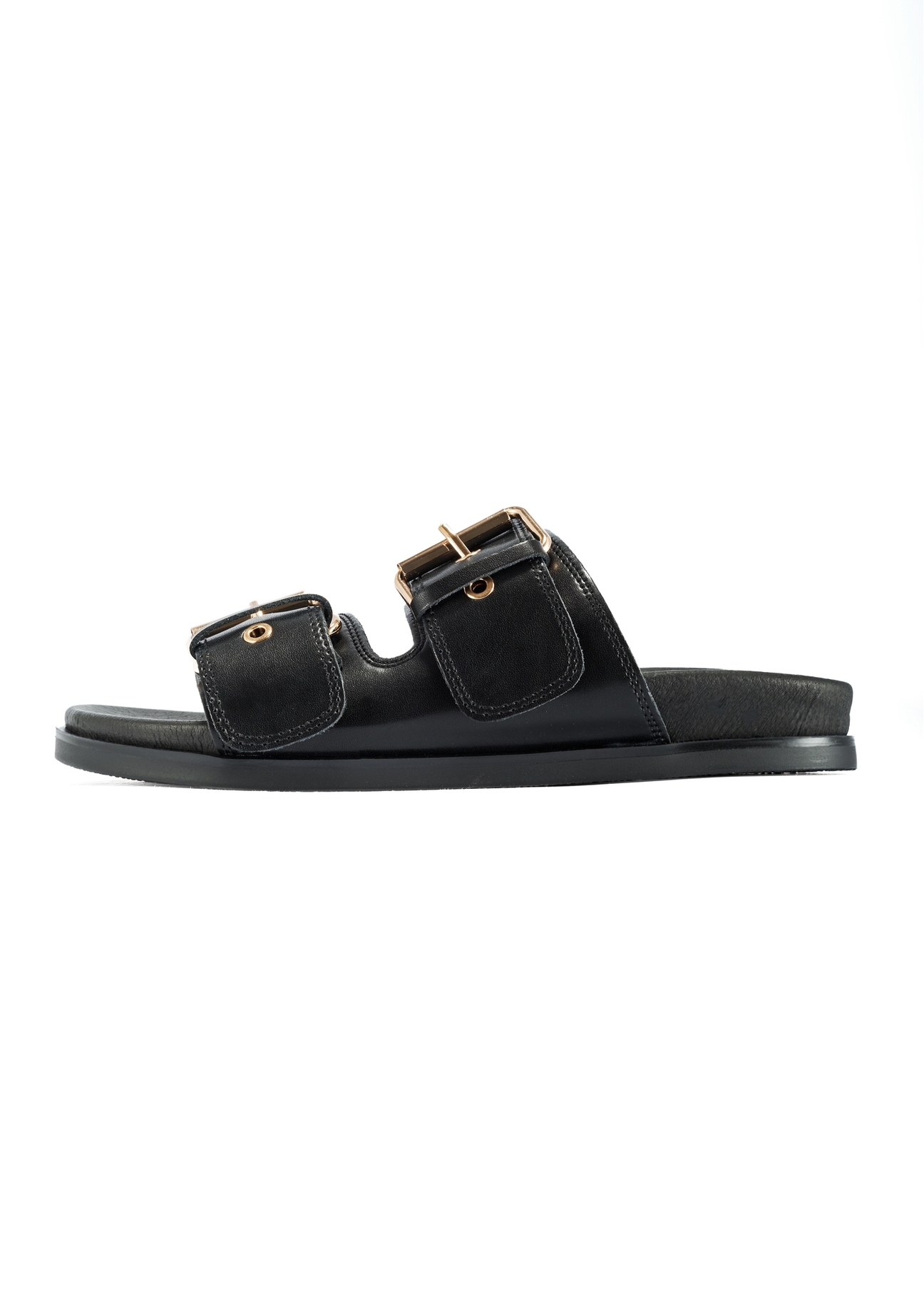 Black leather women's flip-flops BUTYD-1161-99(W25), product visible from the side on a white background.-02