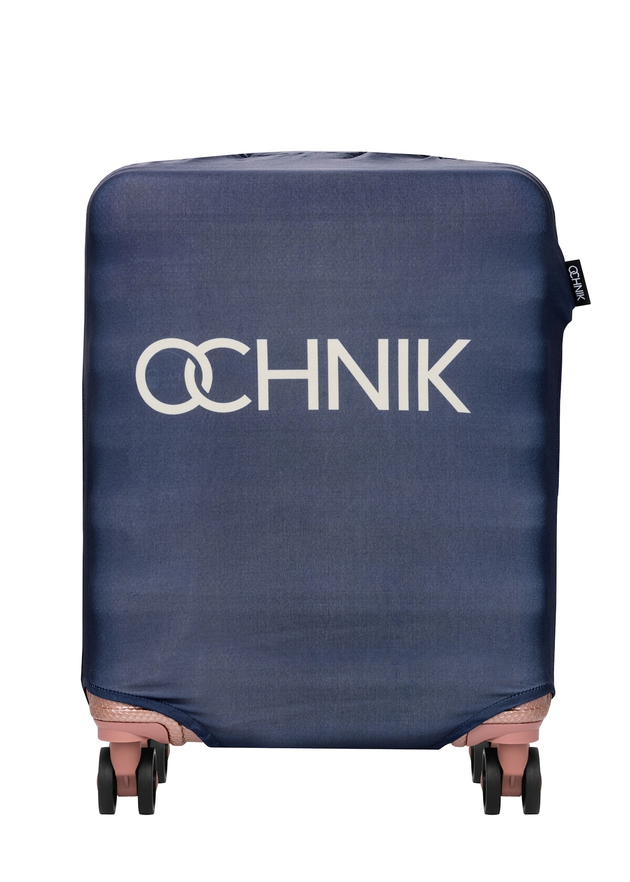 Navy blue cover for a small suitcase AW-013-0002-7D-S(W26), front view of the product on the suitcase.