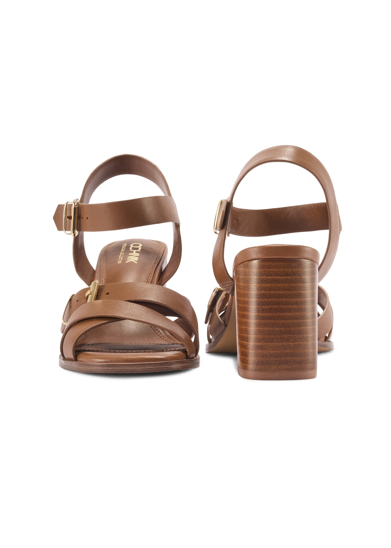 Women's camel leather sandals BUTYD-1177-1D(W26), front and back product view on white background.