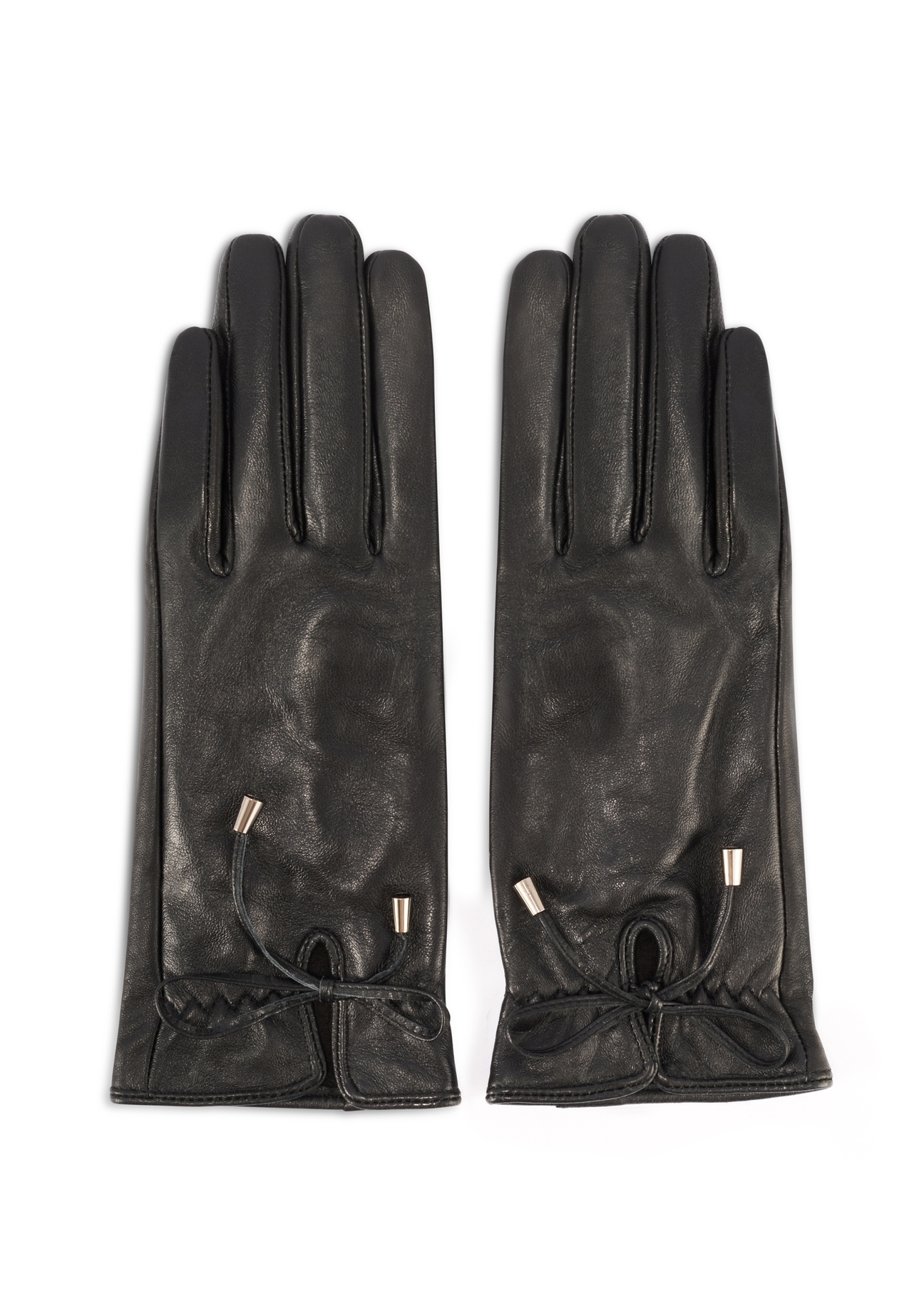Women's leather gloves with ties REKDS-0021A-99(Z25), product view from the front on a white background.