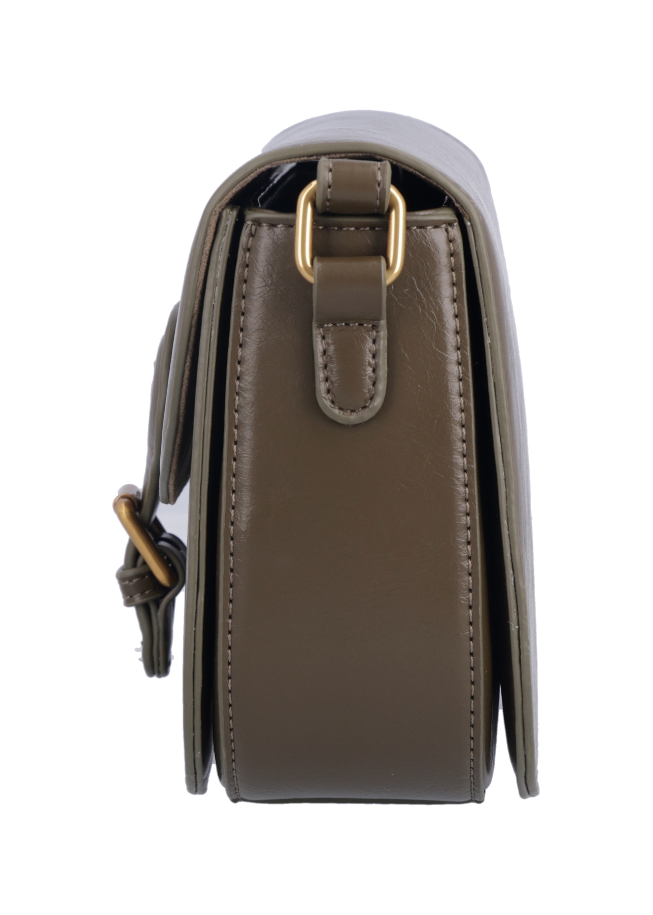 Small khaki women's messenger bag with decorative clasp TOREC-1243-8D(Z26), side view of the product on a white background.