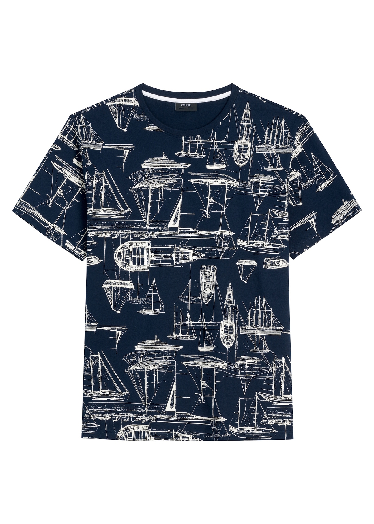 Navy blue men's t-shirt with graphics TSHMT-0148-7E(W26) - front product view, on a white background.
