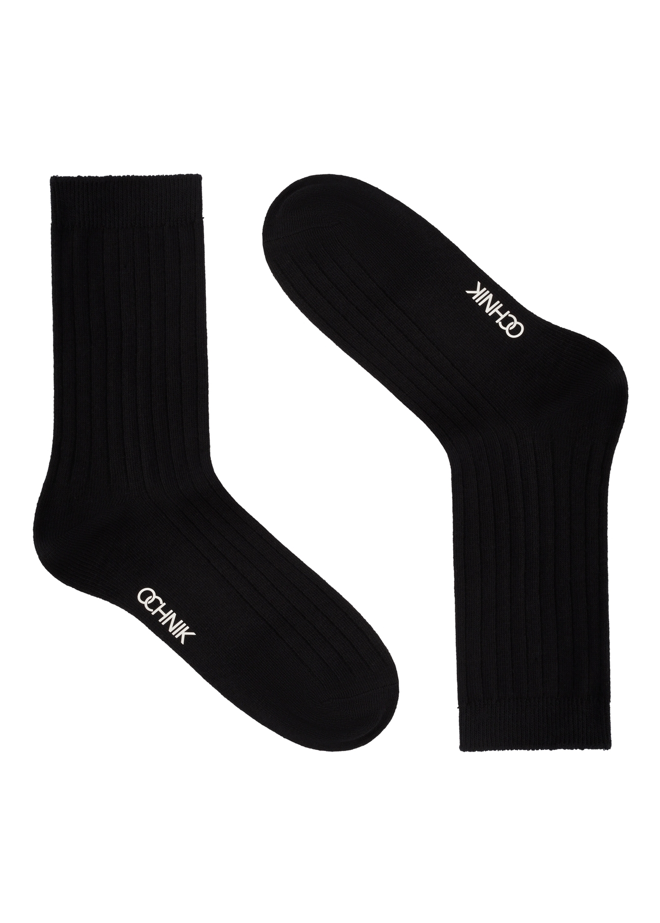 Black ribbed long women's socks SKADT-0072-99(W26), side product view on white background.