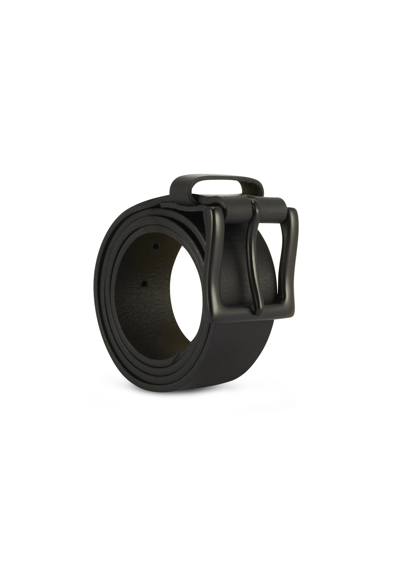 Black men's leather belt PASMS-0271-99(Z25), front view of the product rolled up on a white background.