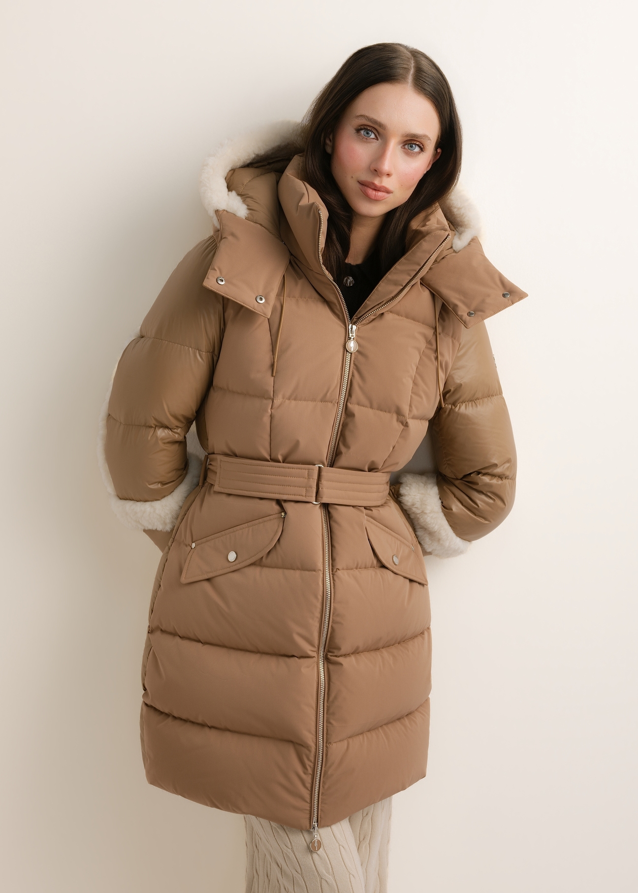 Beige women's winter jacket KURDT-0697-1B(Z26), front view on a model. Half-body shot.