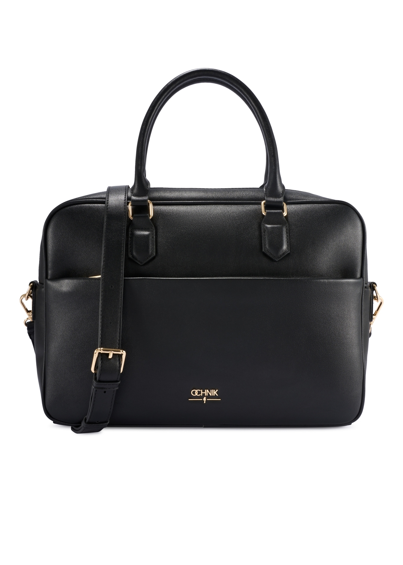 Czarna torba na laptopa damska TOREC-1209-99(W26) - widok produktu z przodu, na białym tle. 