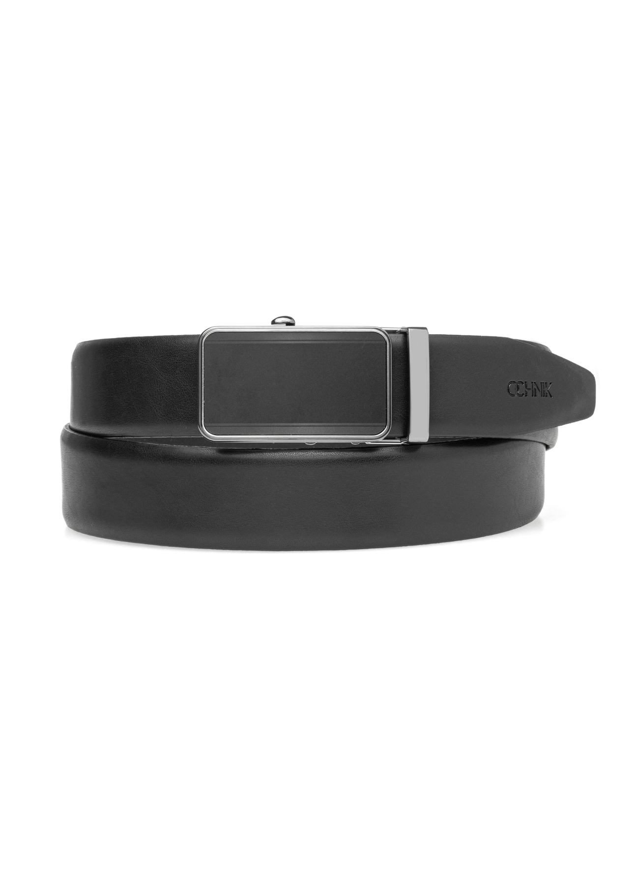 Men's black leather belt PASMS-0276-99(W26), front product view on white background.