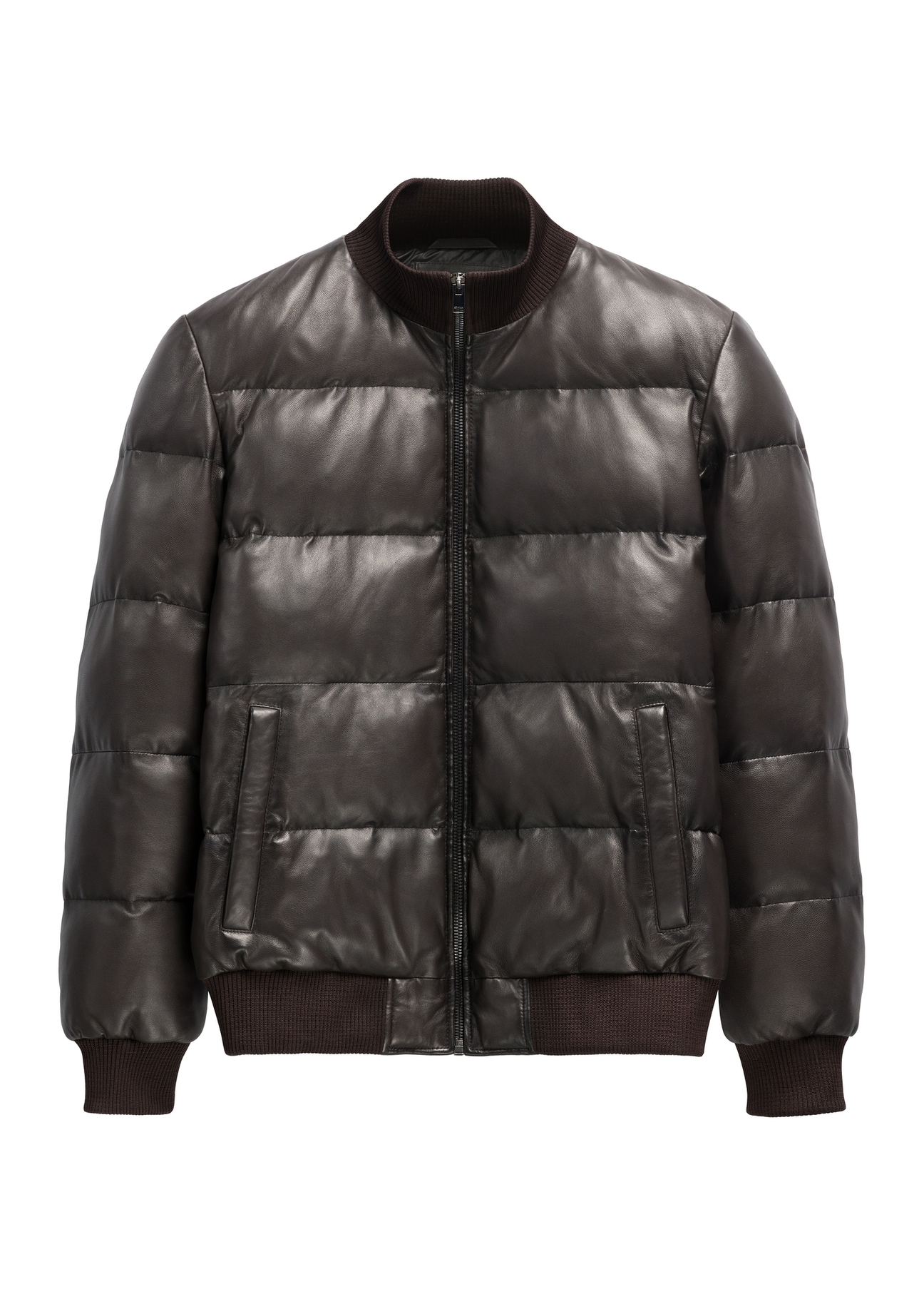 Men's dark brown leather jacket with stand-up collar KURMS-0428-1I(Z26)