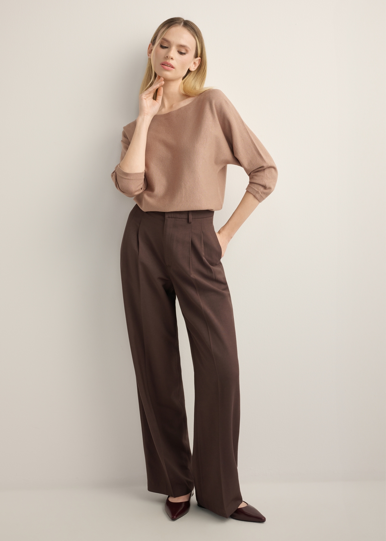 Women's camel blouse BLUDT-0178-1D(Z26), front view of the product on the model. Full body visible.