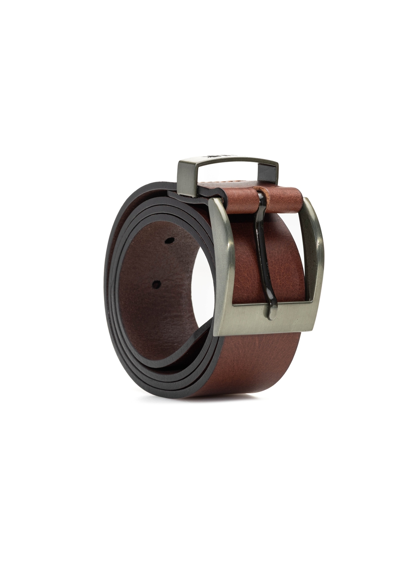 Men's brown leather belt PASMS-0274-89(Z25), diagonal product view on white background.
