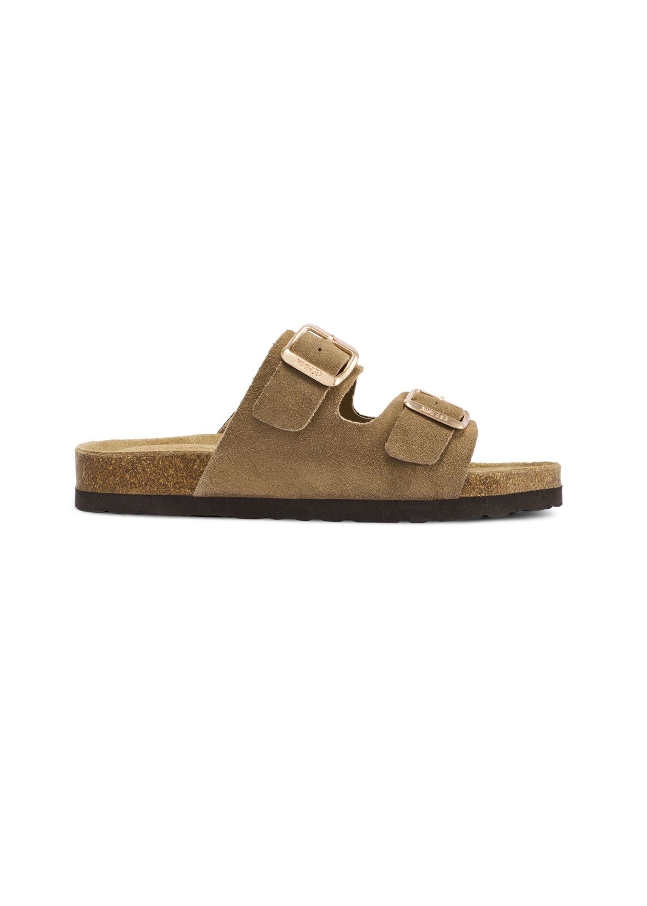 Women's leather flip-flops in cool beige color BUTYD-1158-1K(W26), side view of the product on a white background.