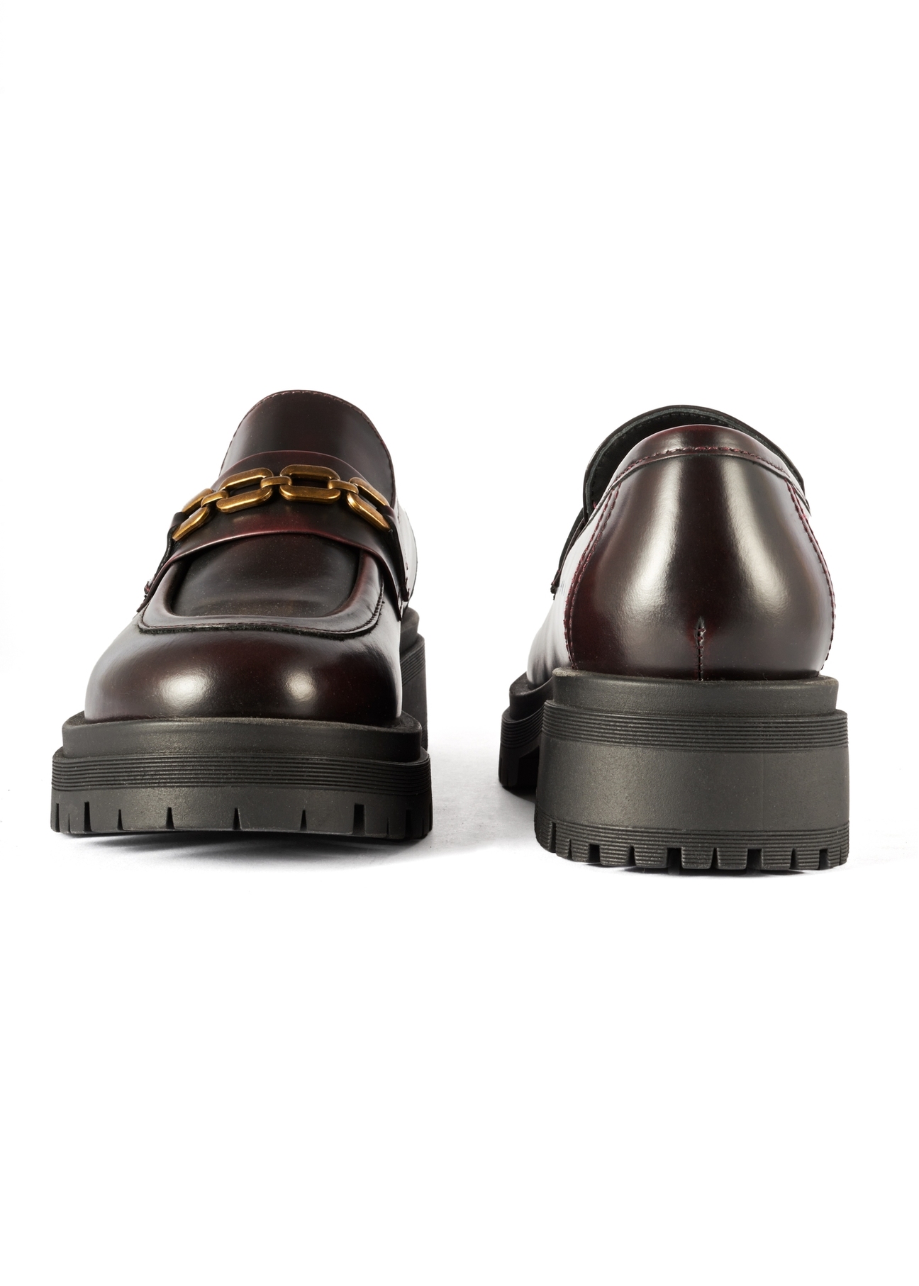 Women's burgundy leather moccasins BUTYD-1190-49(Z25), product view from the front and back on a white background.