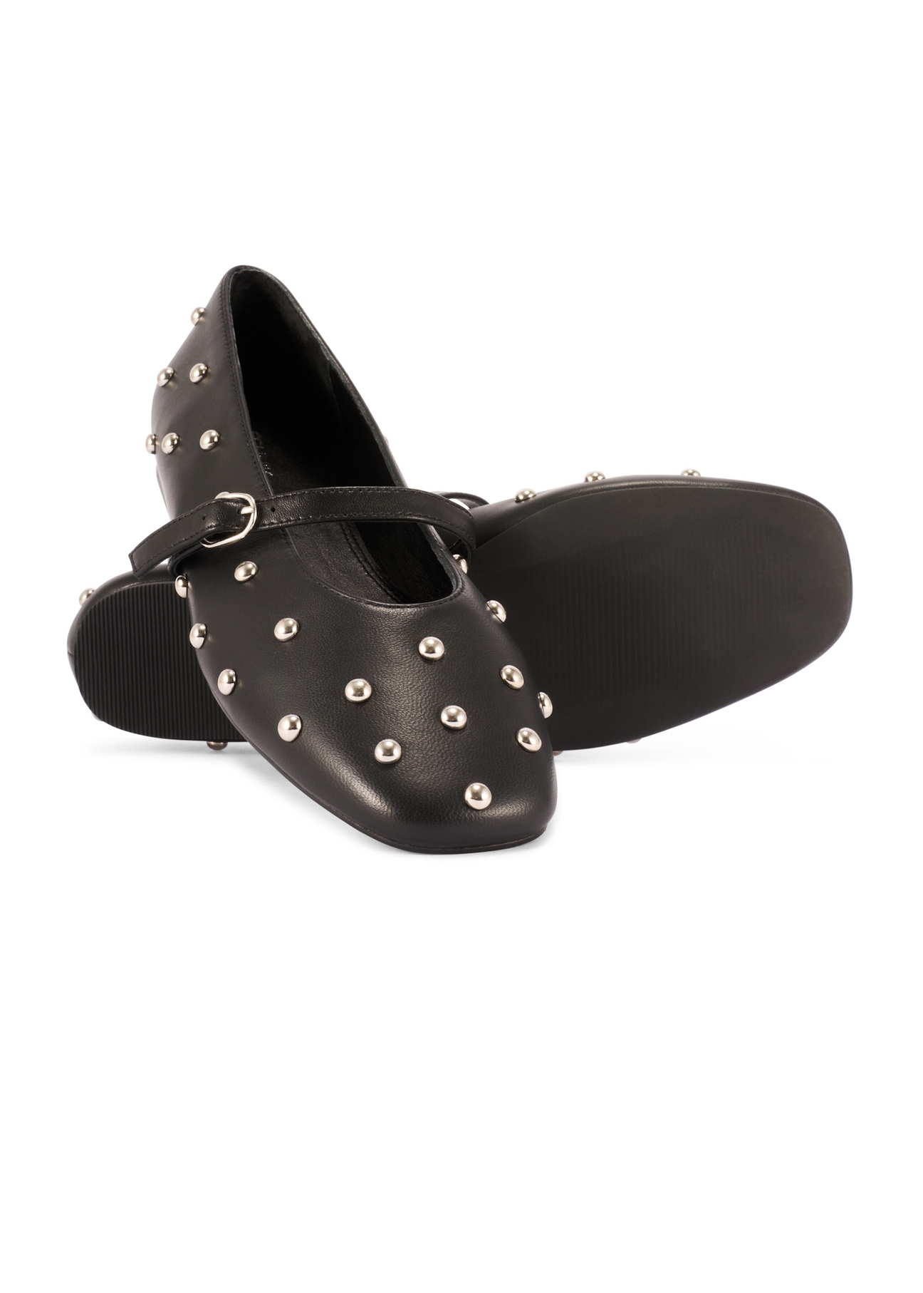 Women's black leather ballet flats with rhinestones BUTYD-1235-99(W26), diagonal product view on a white background.