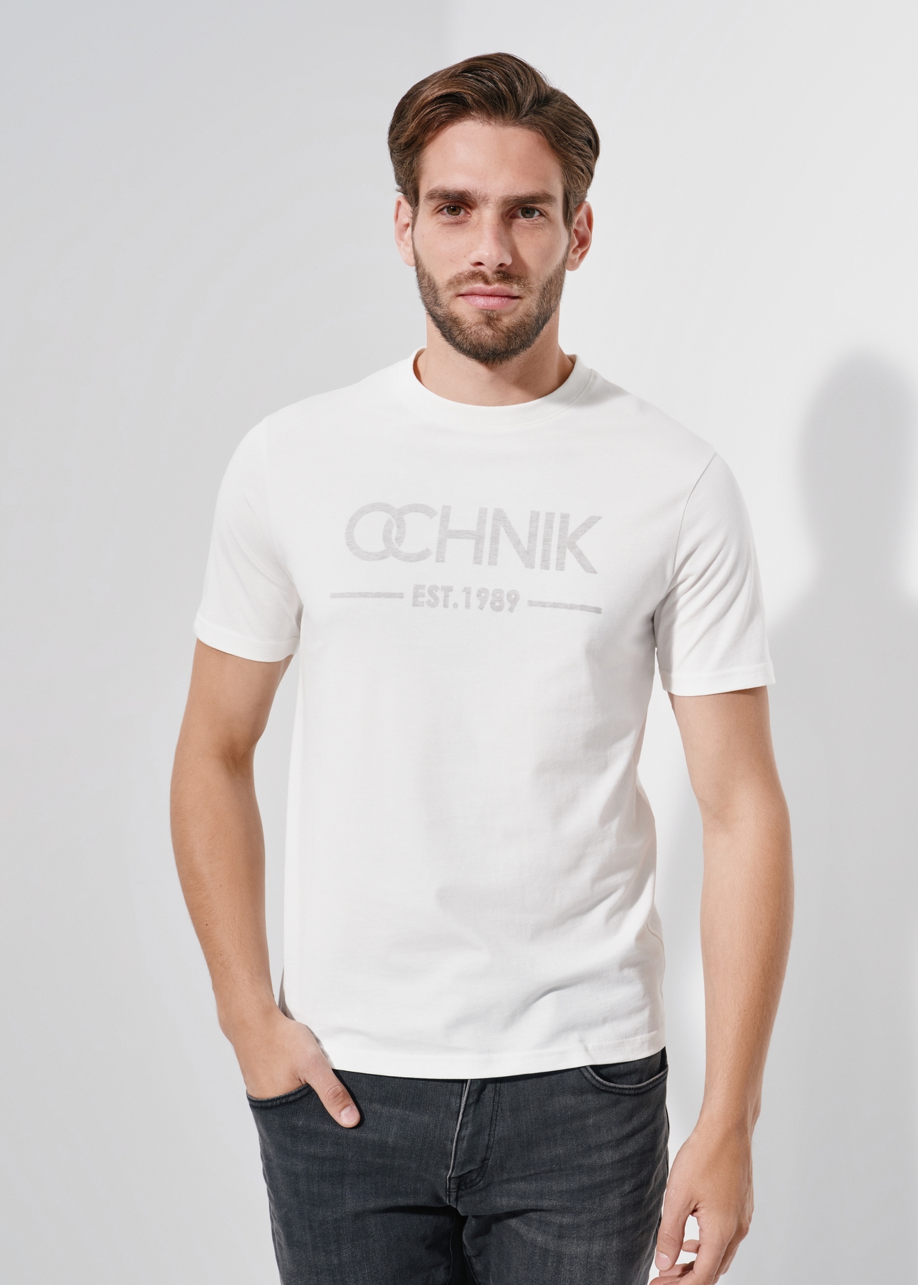 Cream T-shirt for men with logo TSHMT-0095-12(W24)-02