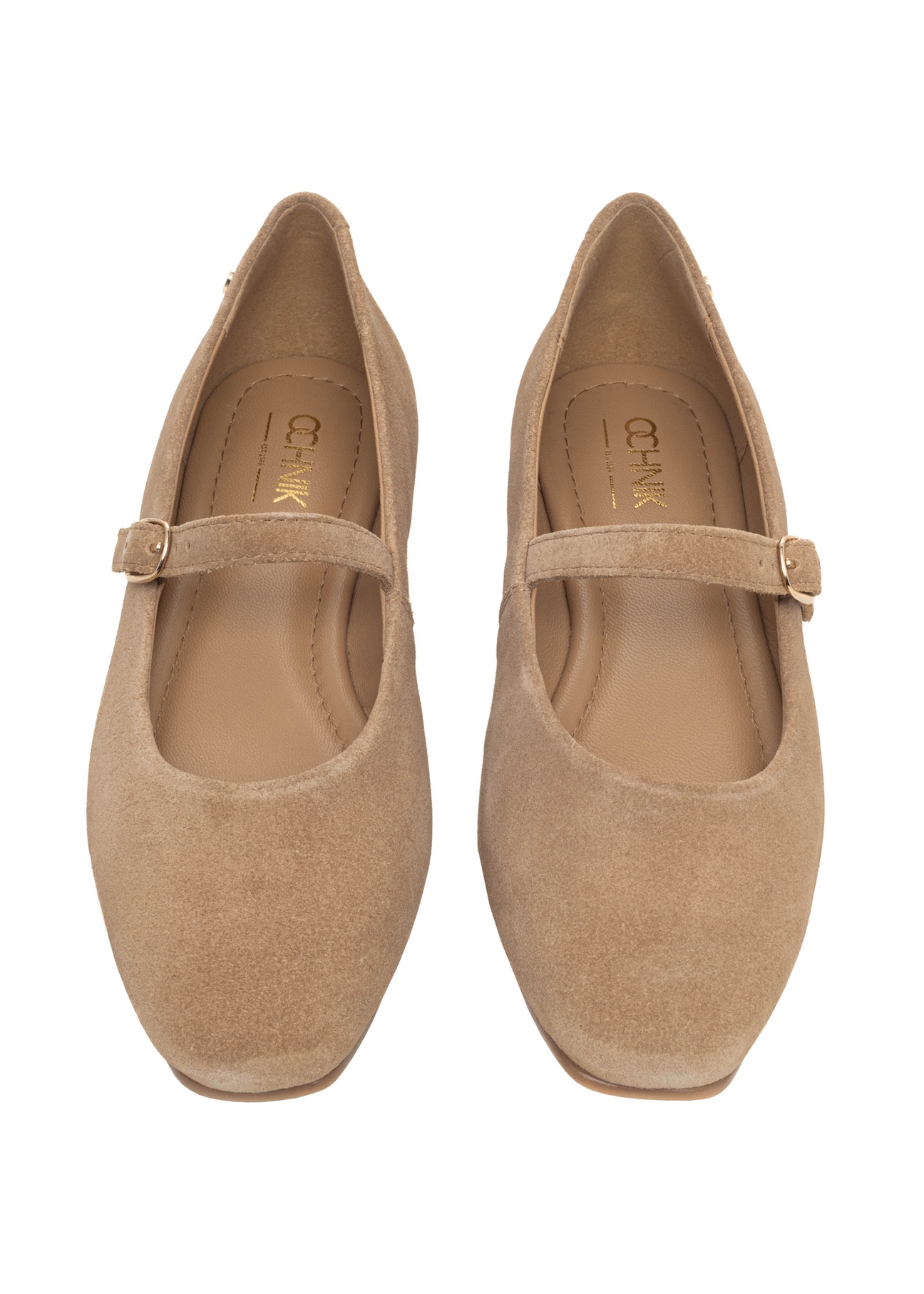 Beige suede ballet flats with belt BUTYD-1145-1B(Z26), front product view on a light background.