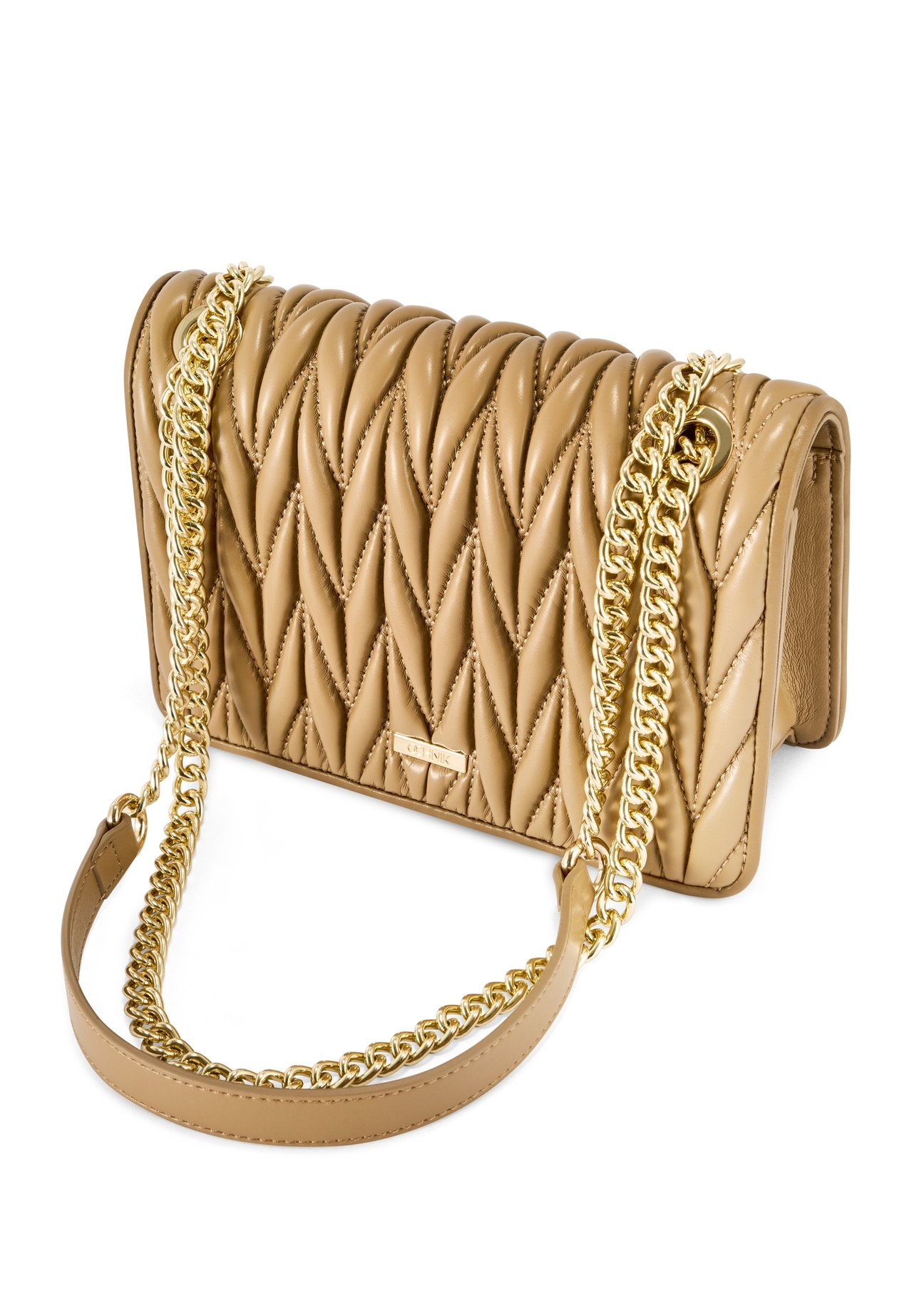 Beige women's handbag with chain TOREC-1102-24(Z25), product view from above on a white background.