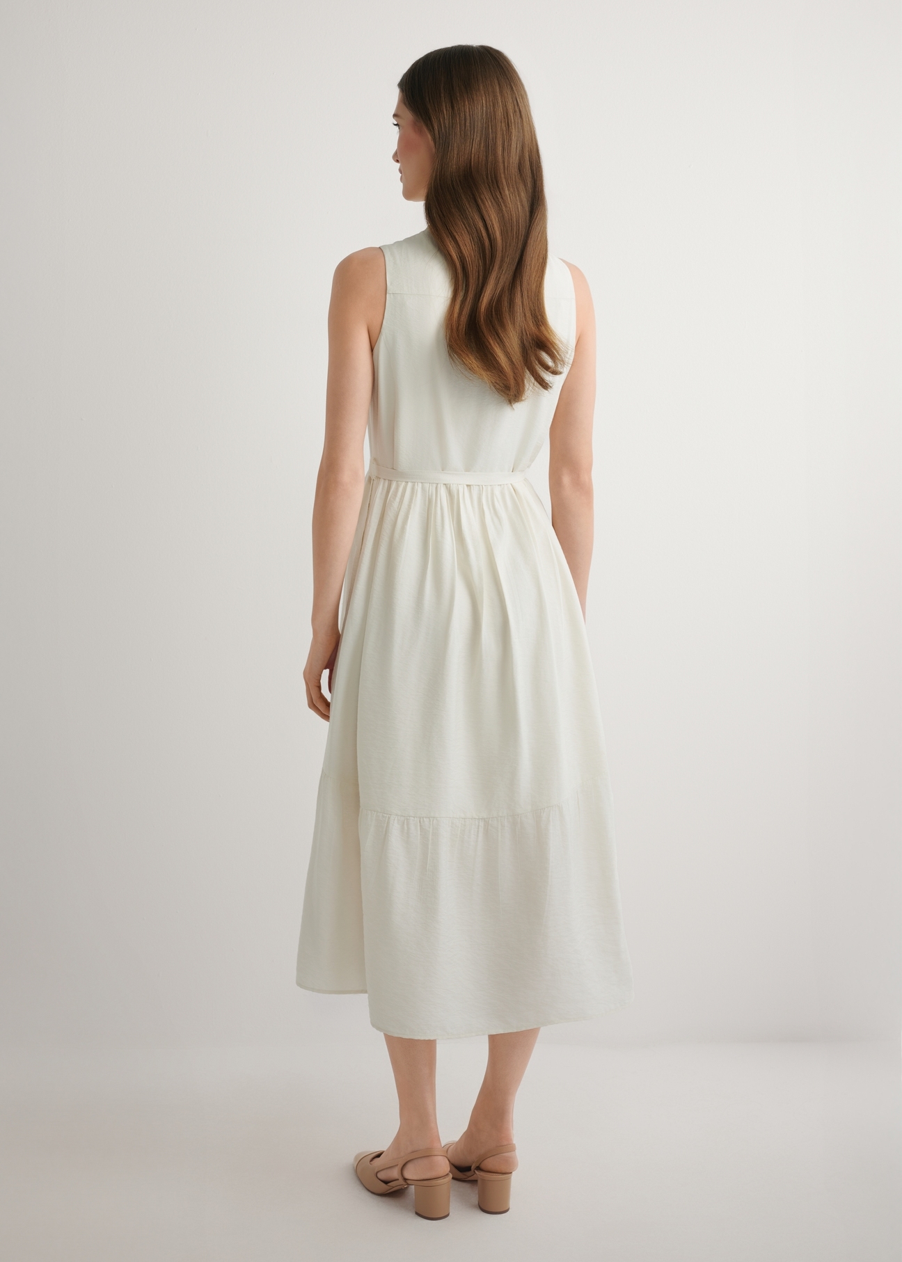 Cream viscose midi dress SUKDT-0280-0B(W26) - back view of the product, on a model, against a light background. The entire silhouette is visible.