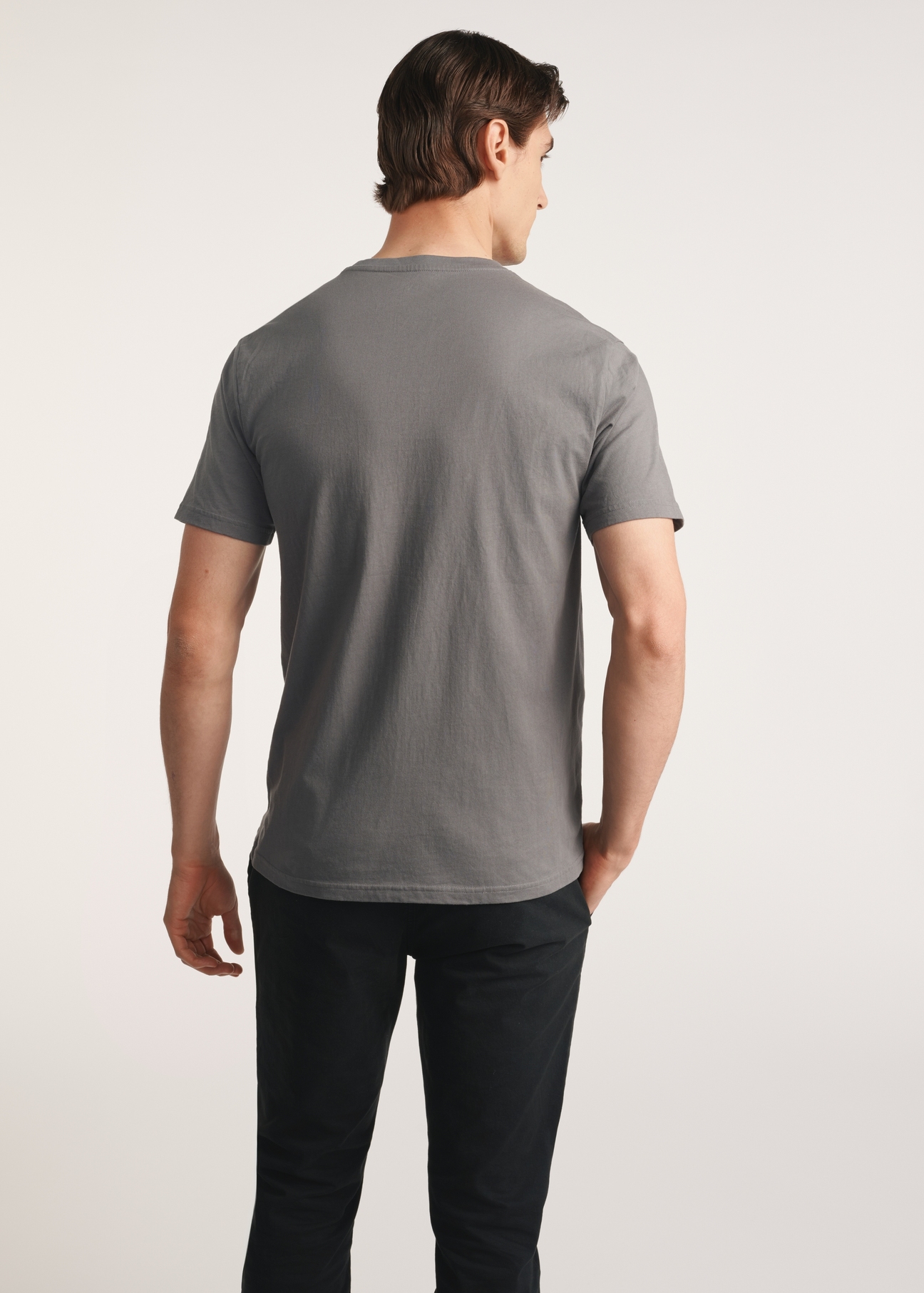 Gray men's T-shirt with print TSHMT-0131-96(Z25) - product view from the back on the model on a white background. Visible silhouette.