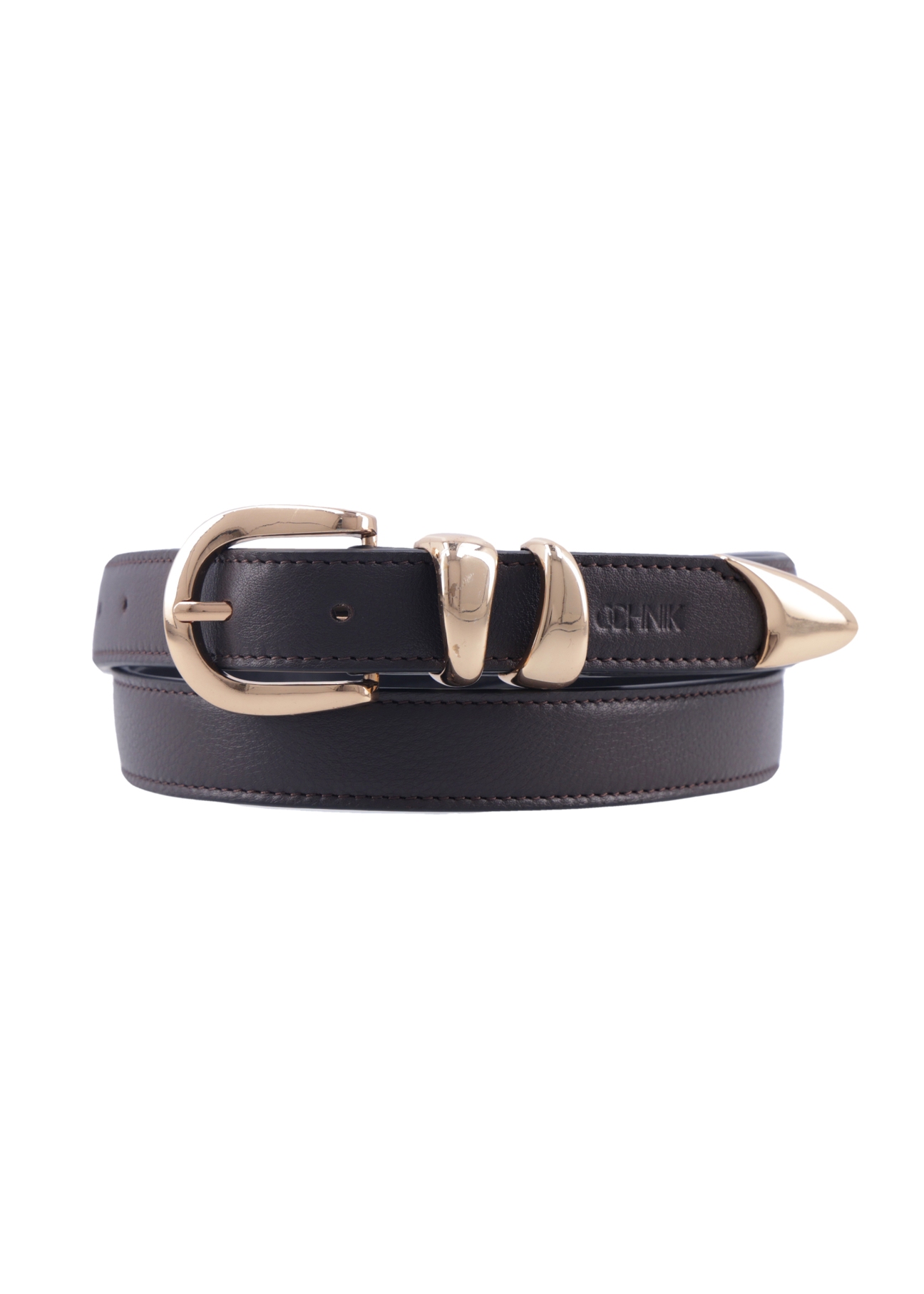 Dark brown leather women's belt PASDS-0347-1I(Z26), front product view on white background.