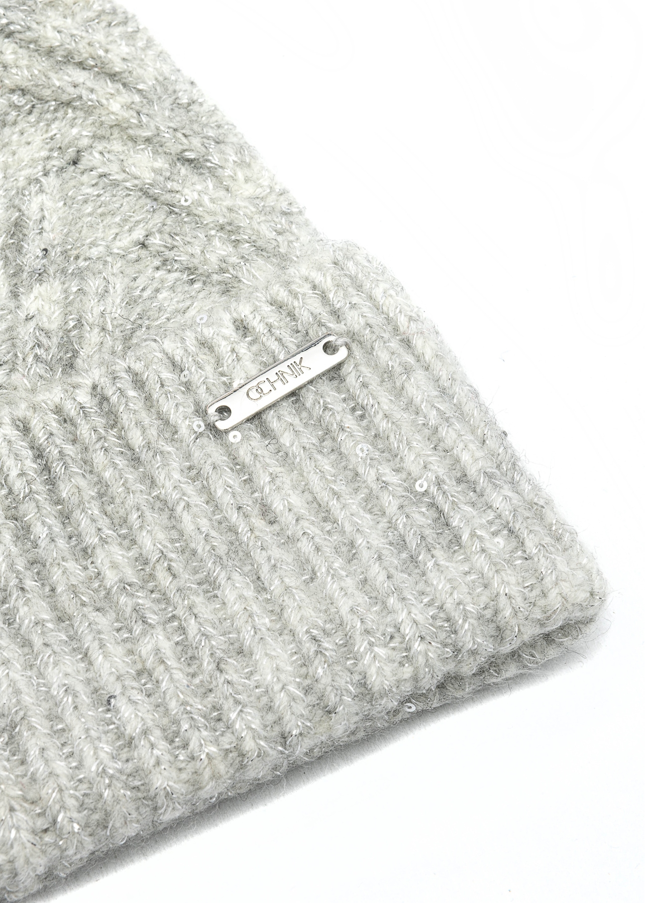 Gray women's hat with sequins and pompom CZADT-0175-66(Z25), close-up of the product detail on a white background.