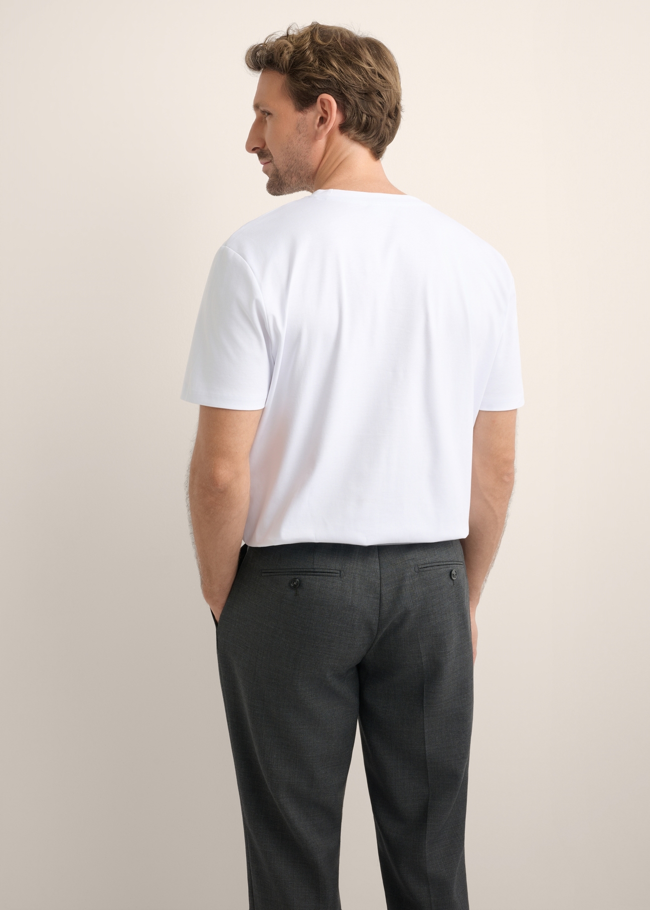 Men's white mercerized cotton T-shirt TSHMT-0156-0A(Z26), back view of the product on the model. Half of the silhouette visible.