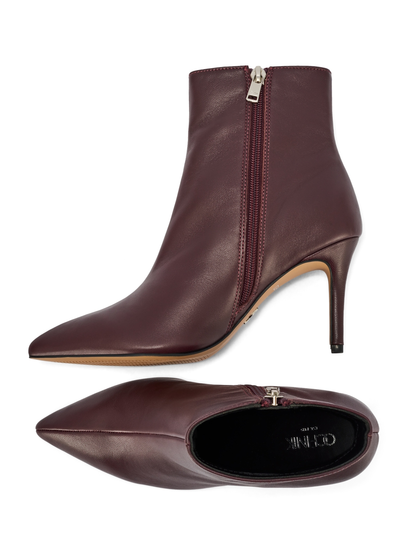 Burgundy leather high heel ankle boots BUTYD-1122-49(Z25), top view of the product on a white background.
