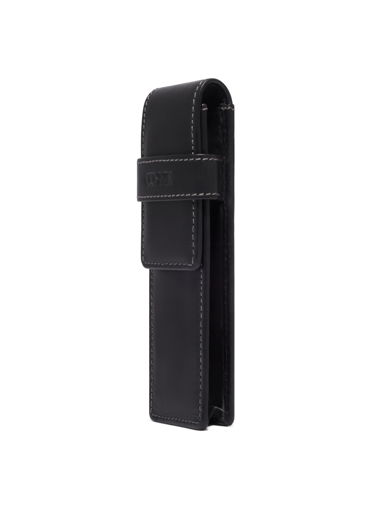Black leather pen case PORMS-0705-99(Z26), diagonal product view on white background.