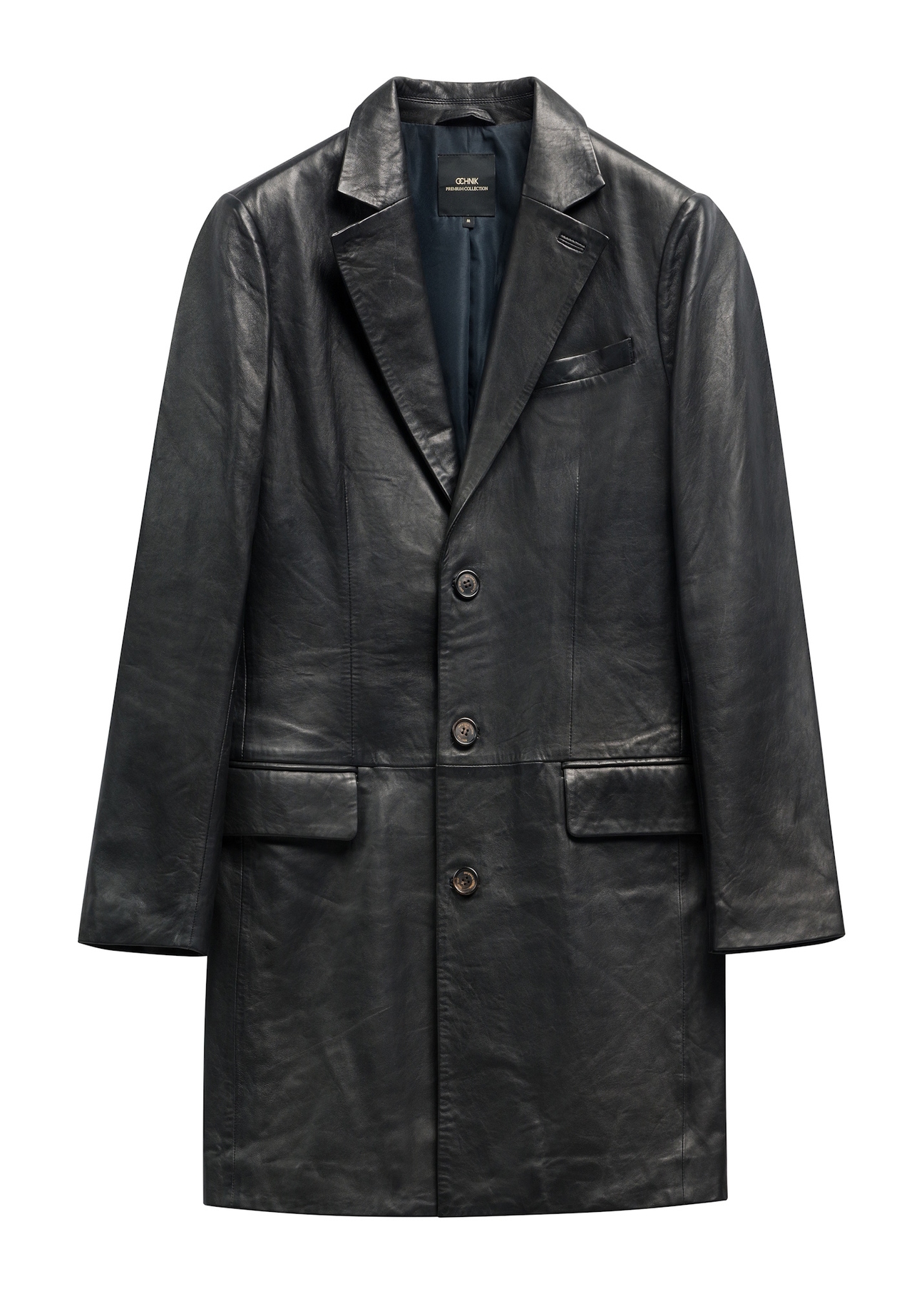 Men's black leather coat KURMS-0388-99(W26), front product view on white background.