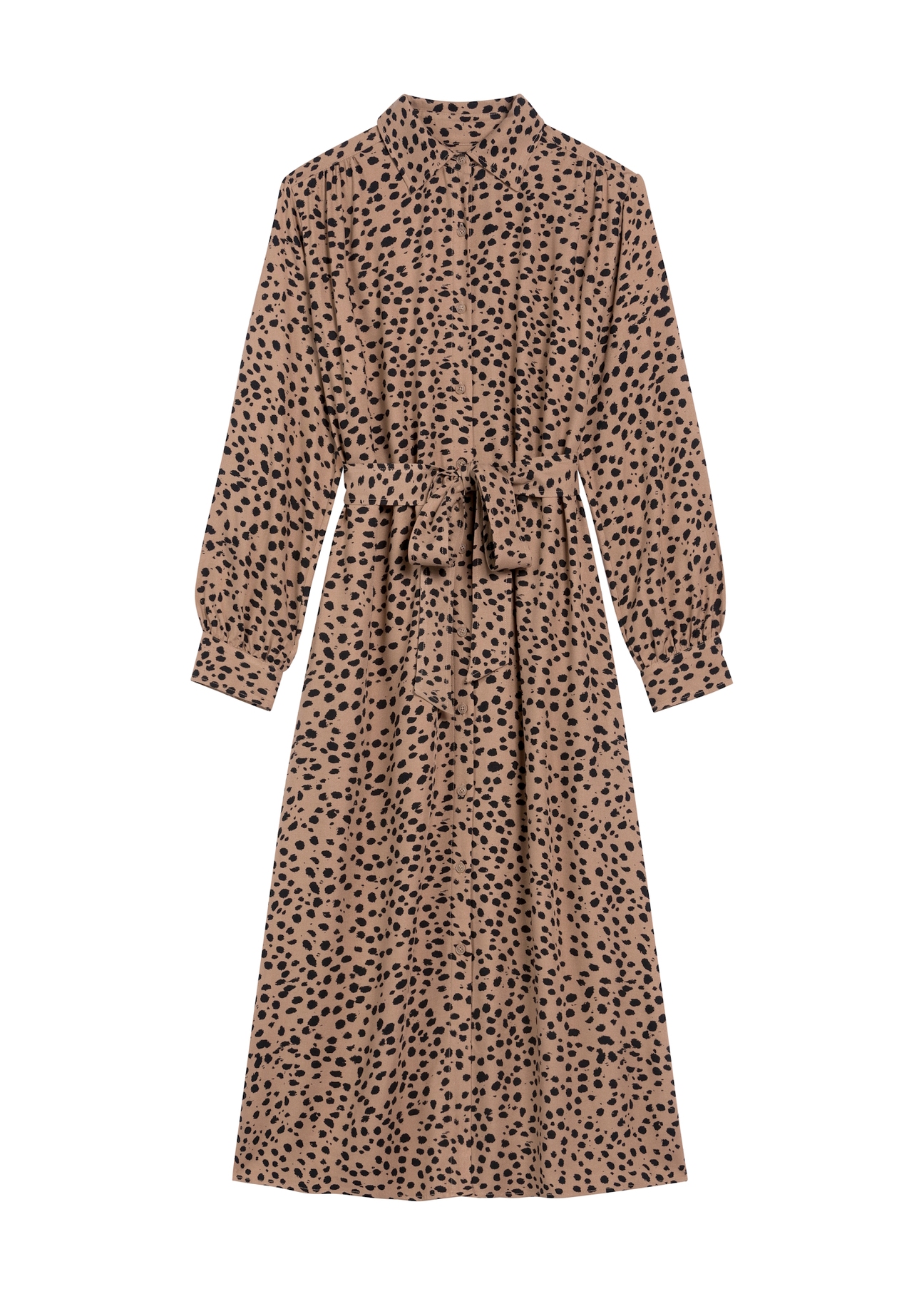Dark beige long women's dress with spots SUKDT-0247-24(Z25), product view from the front on a white background.