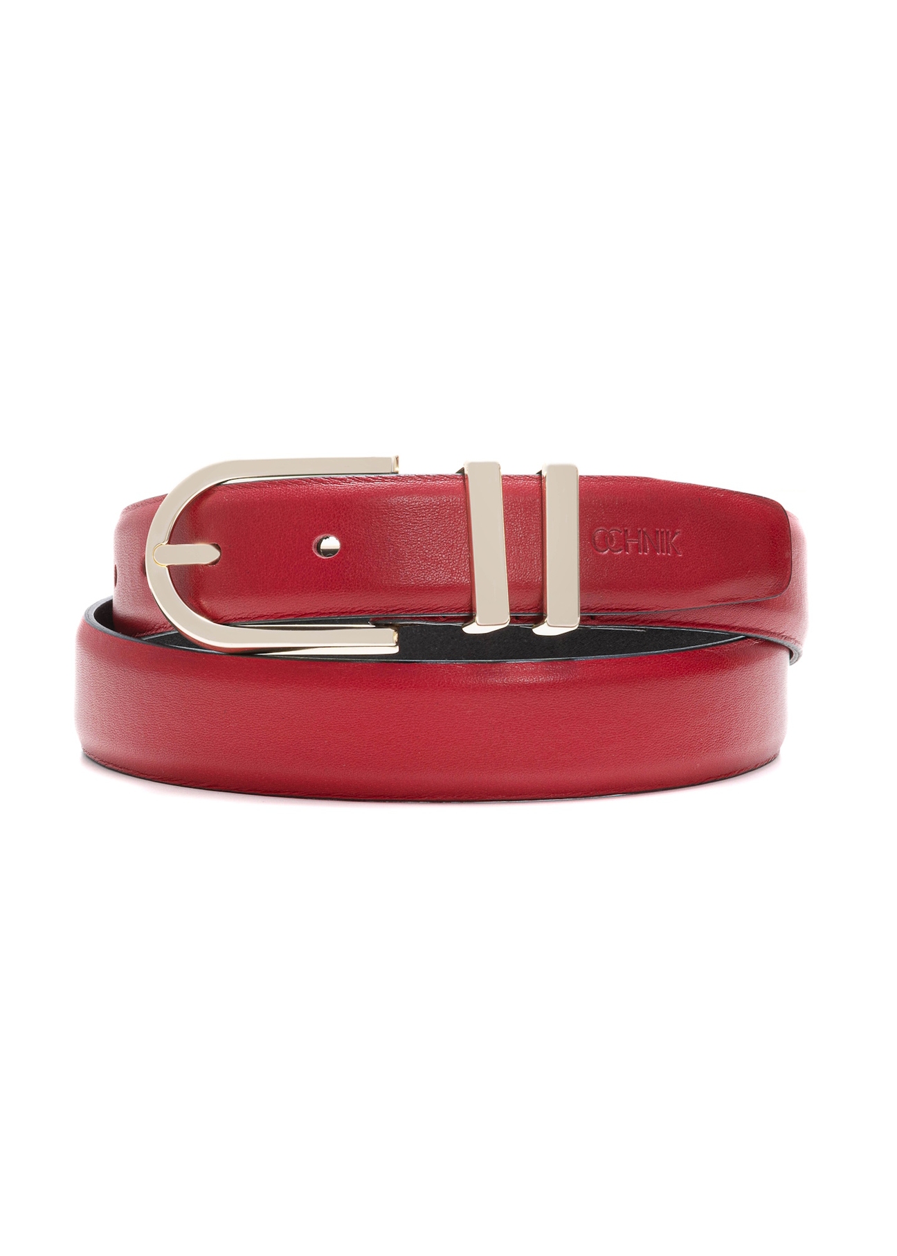Burgundy women's leather belt PASDS-0159D-49(Z25), front product view on white background.
