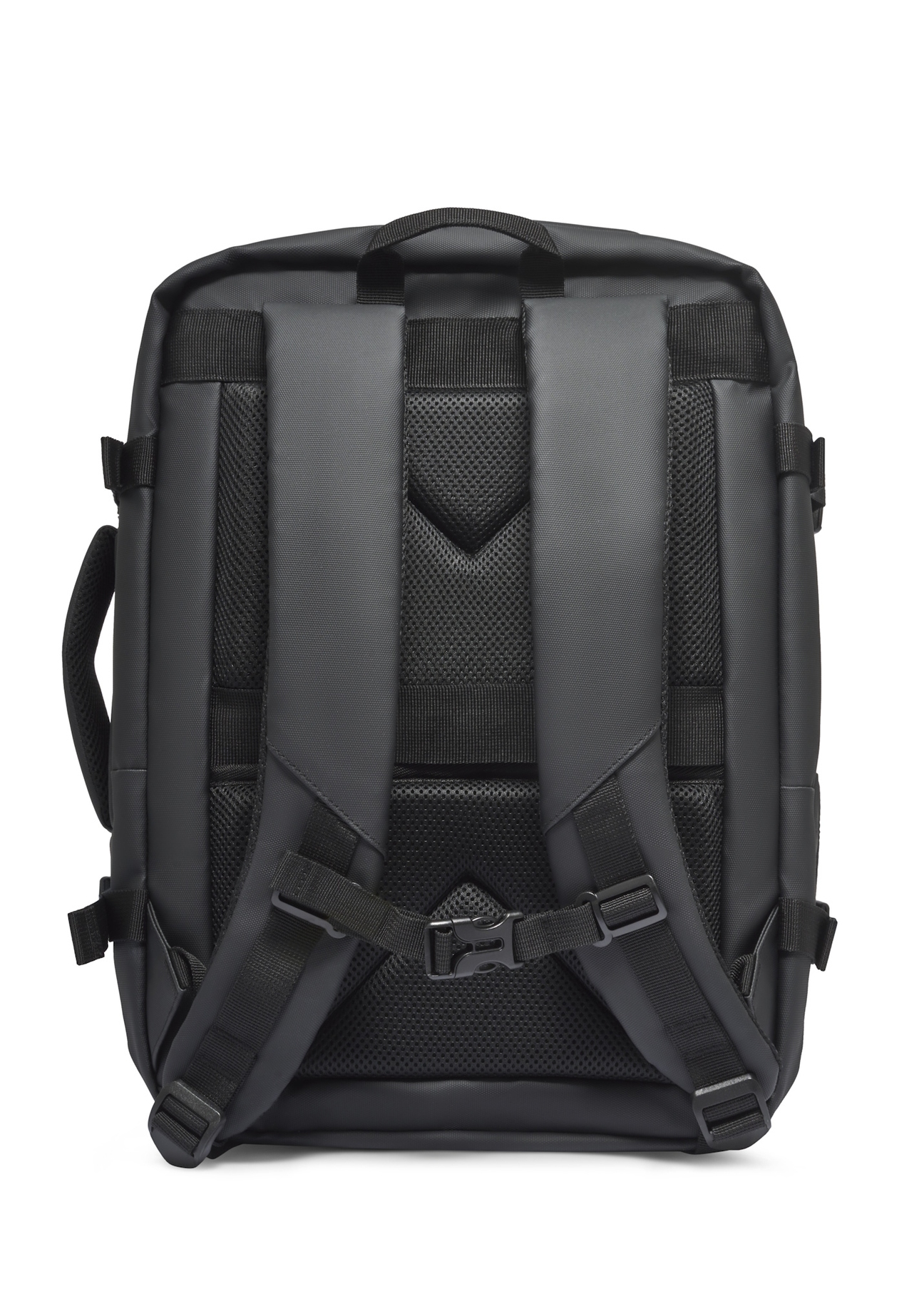 Black large travel backpack PLCMN-0018-99(Z26), back view of the product on a white background.