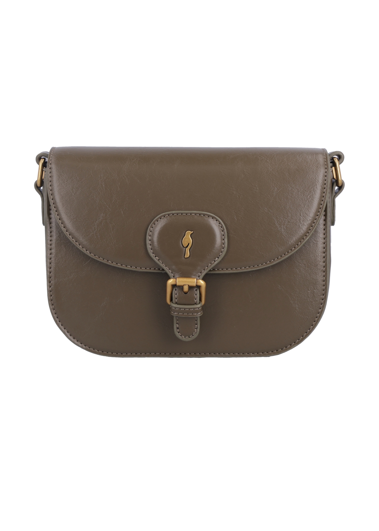 Small khaki women's messenger bag with decorative clasp TOREC-1243-8D(Z26), front product view on white background.