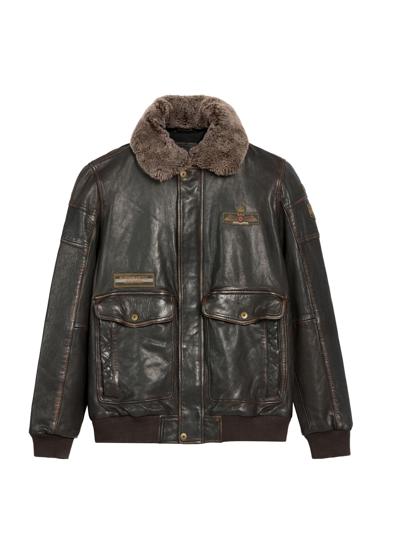 Brown leather jacket with collar KURMS-0380-1I(Z26), front product view on white background.